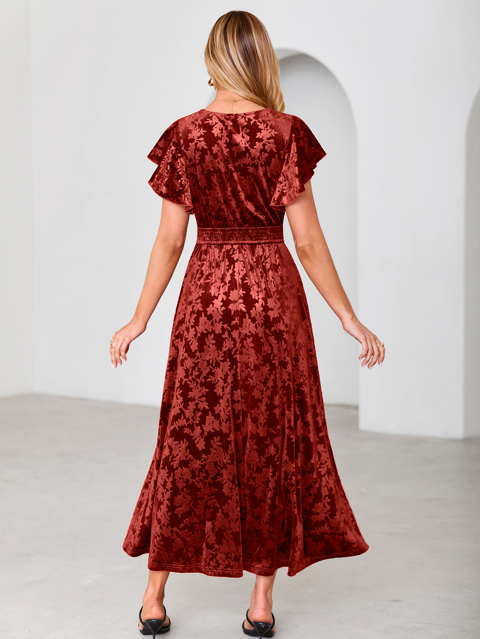 V-Neck Flutter Sleeve Burnout Velvet Maxi Dress