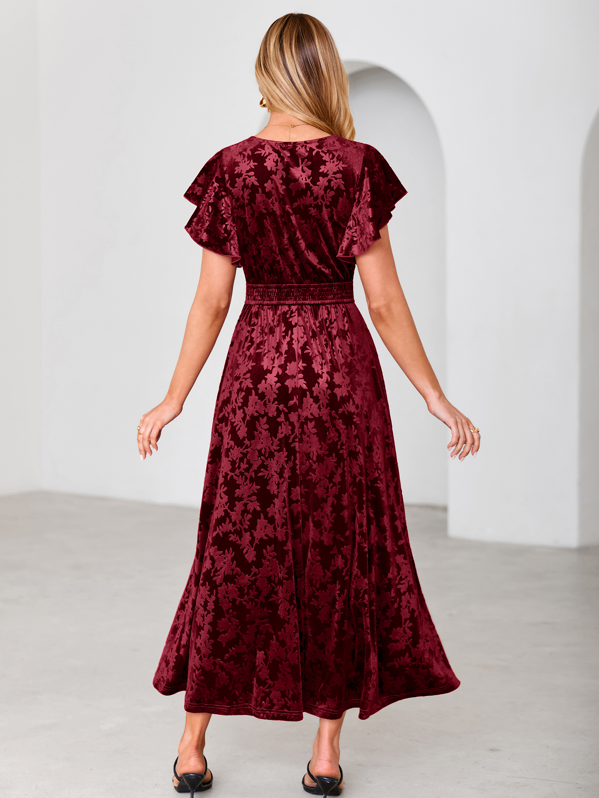V-Neck Flutter Sleeve Burnout Velvet Maxi Dress