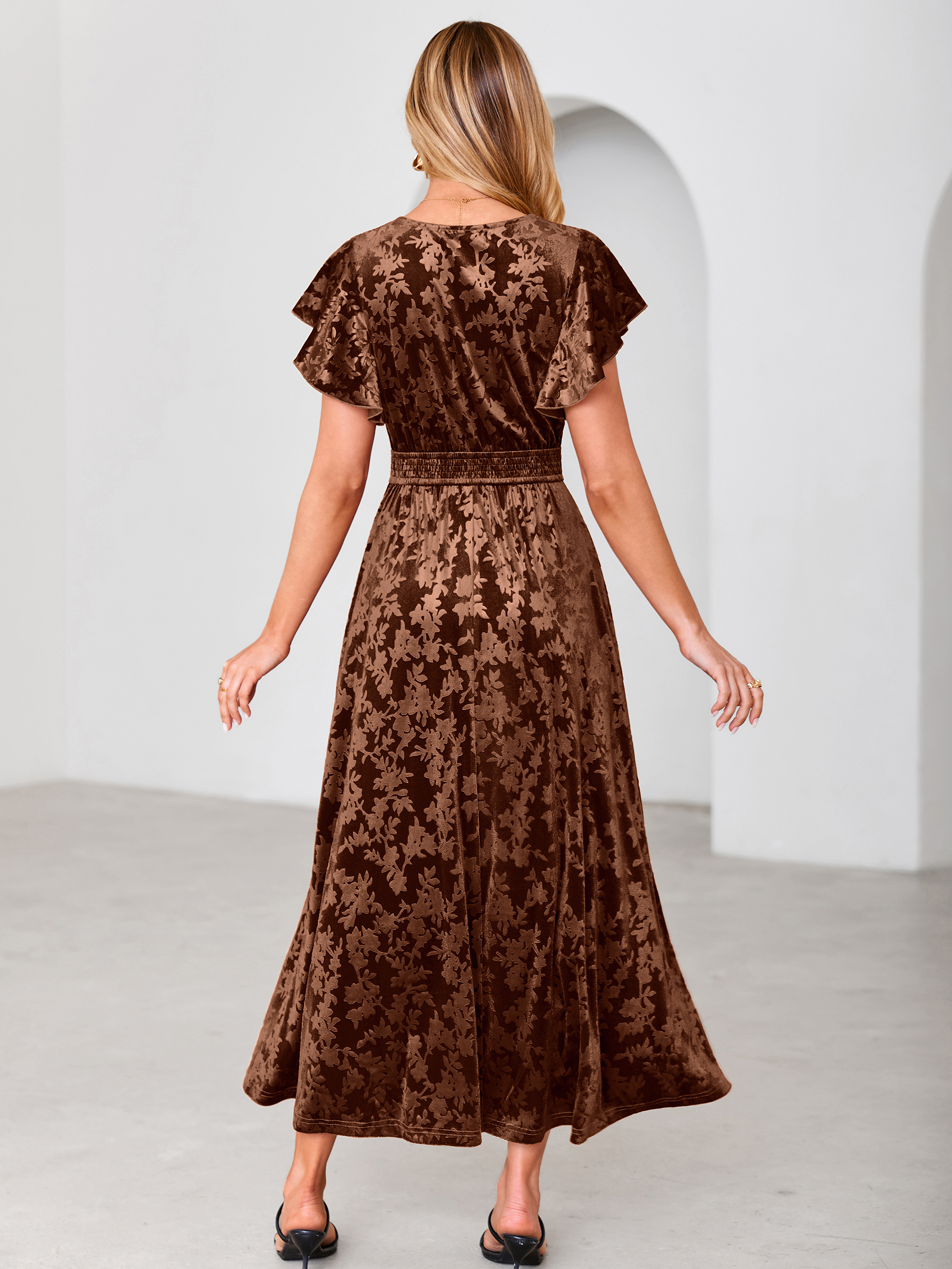 V-Neck Flutter Sleeve Burnout Velvet Maxi Dress
