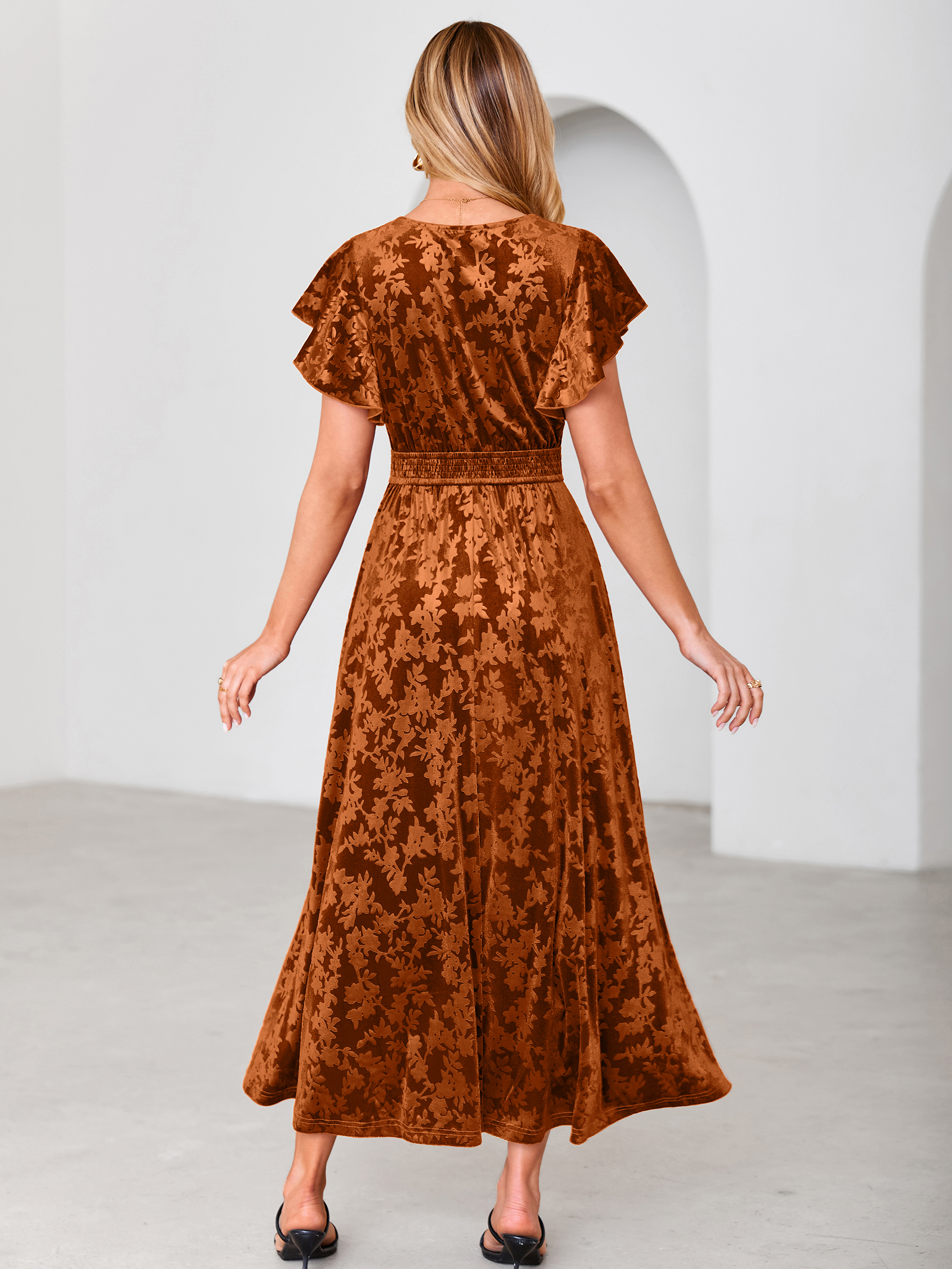 V-Neck Flutter Sleeve Burnout Velvet Maxi Dress