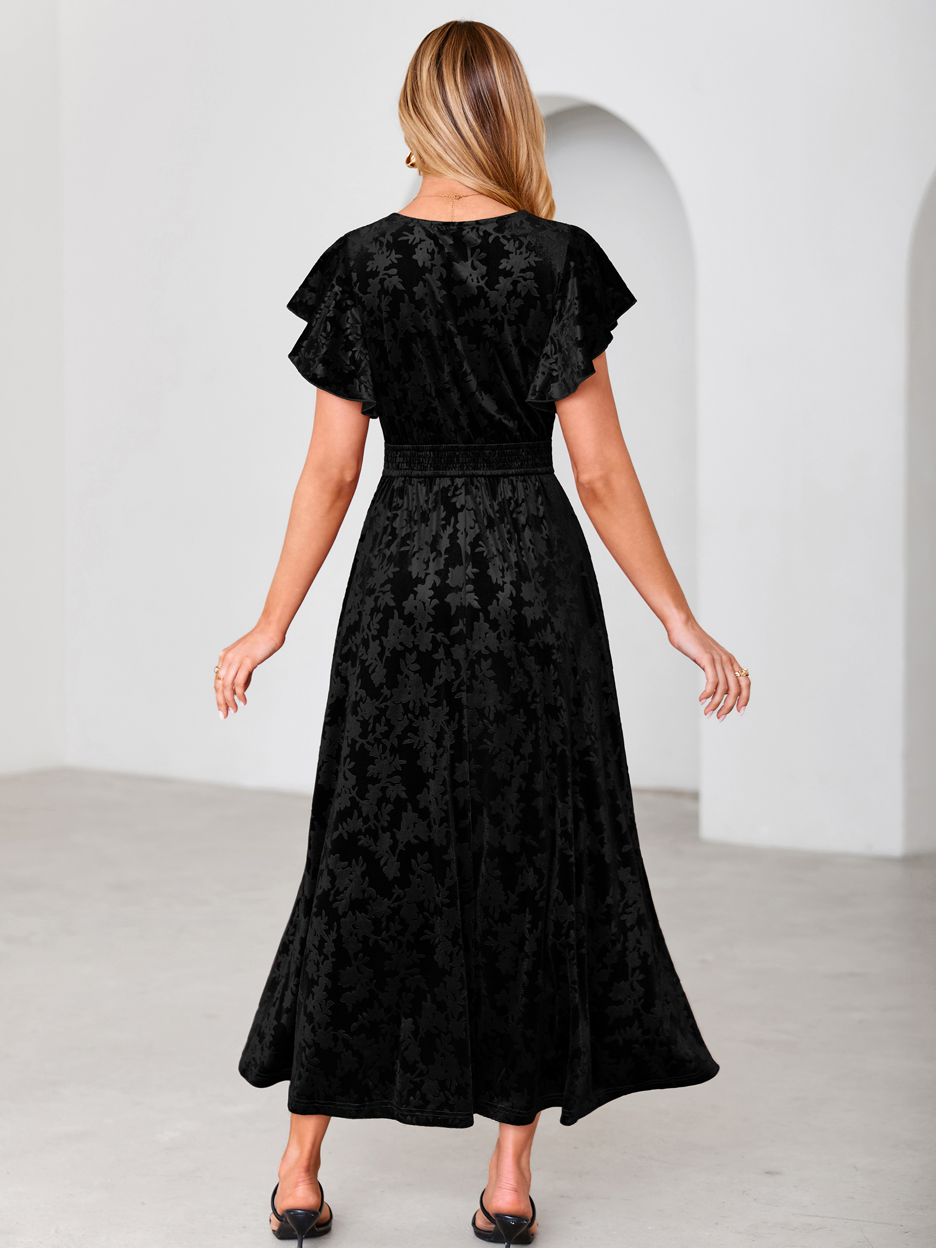 V-Neck Flutter Sleeve Burnout Velvet Maxi Dress
