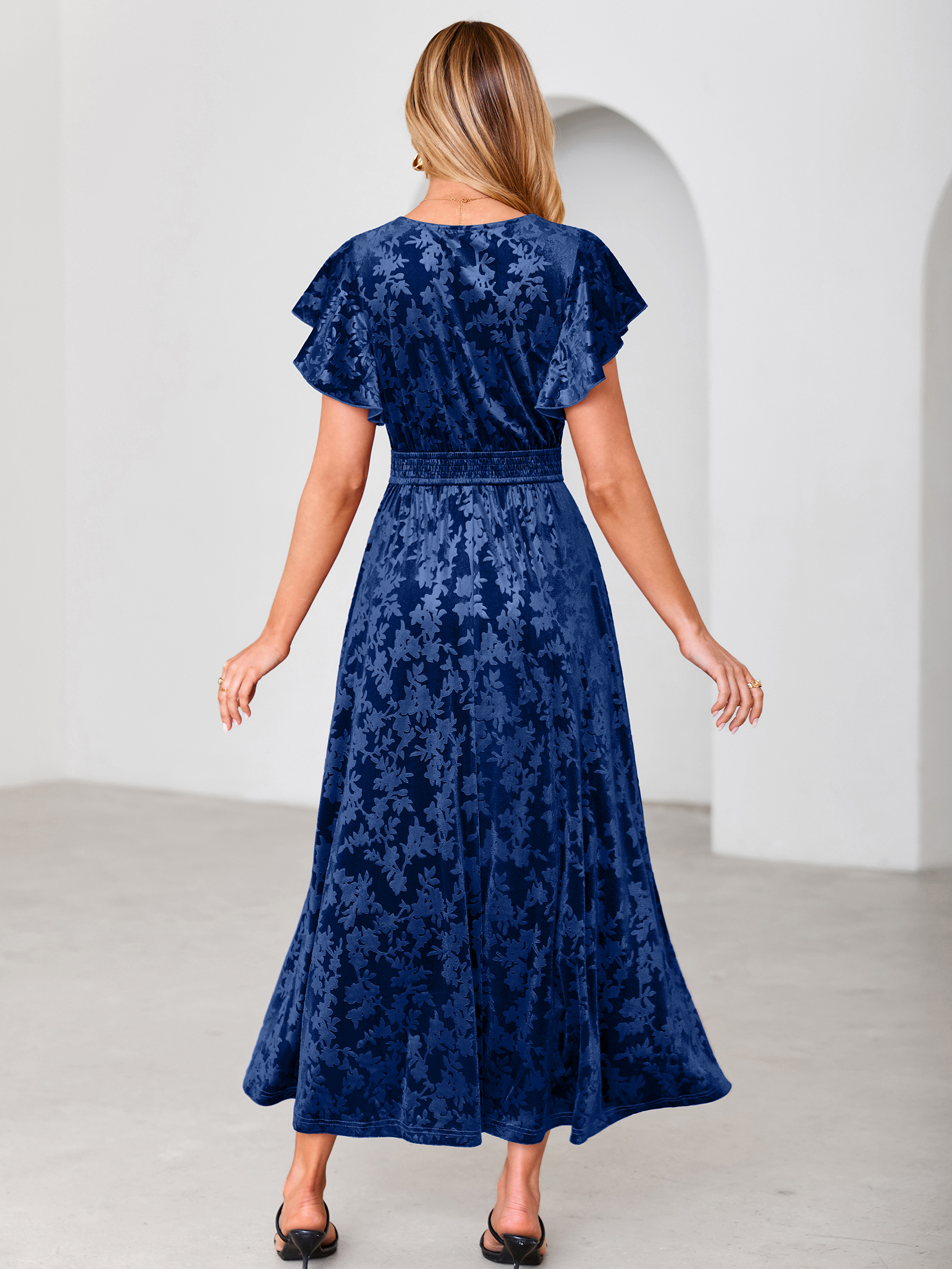 V-Neck Flutter Sleeve Burnout Velvet Maxi Dress