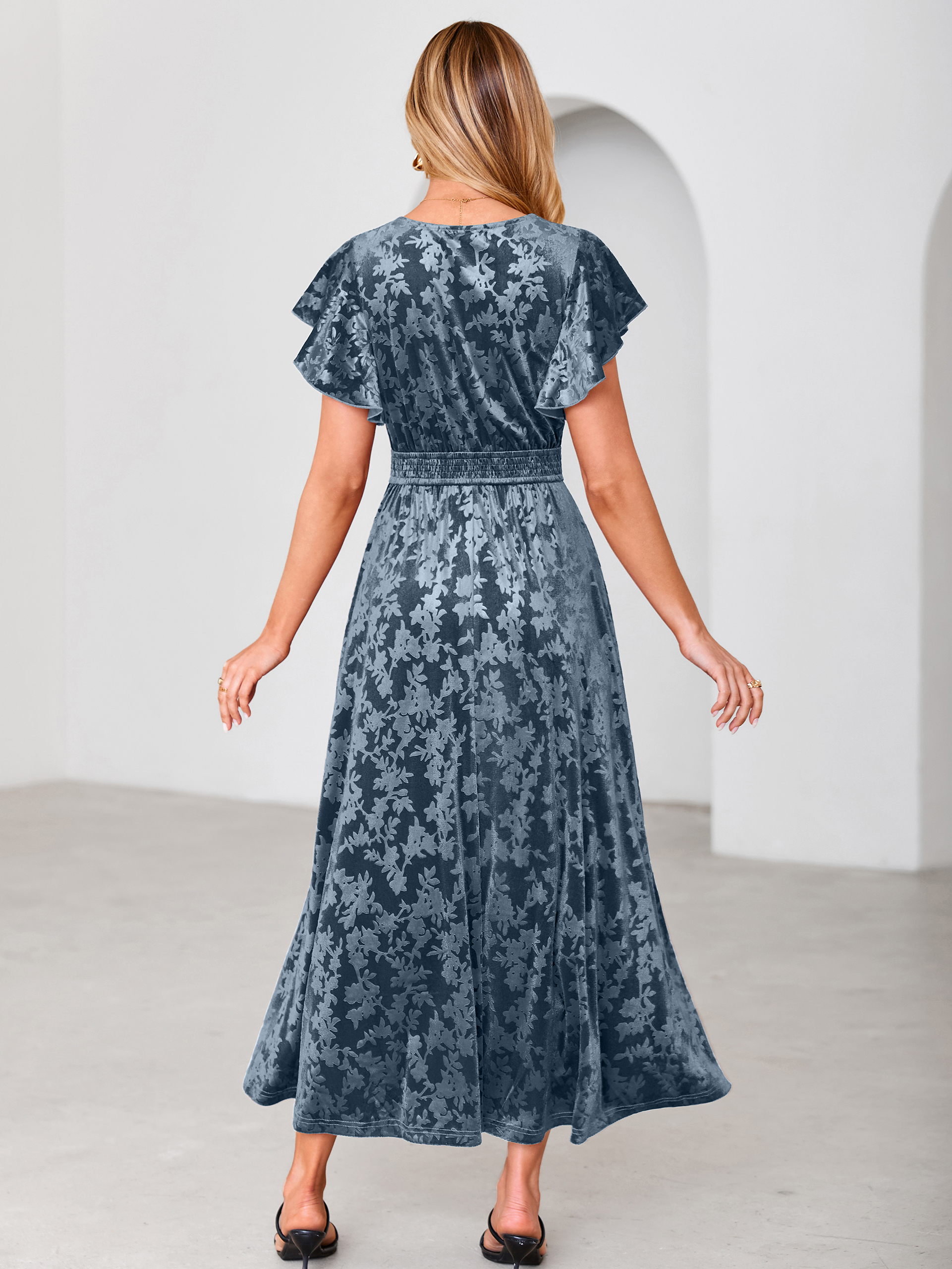 V-Neck Flutter Sleeve Burnout Velvet Maxi Dress