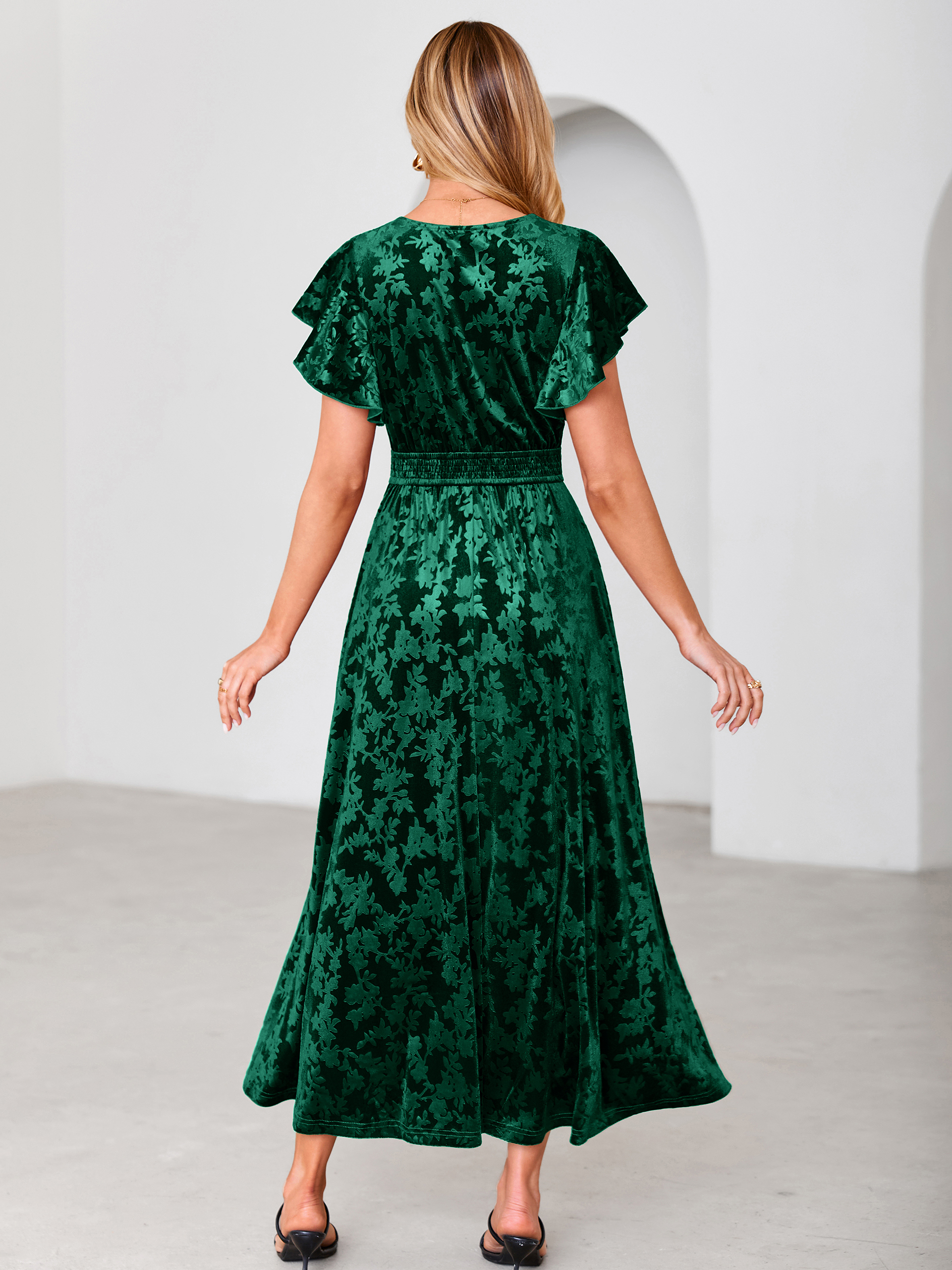 V-Neck Flutter Sleeve Burnout Velvet Maxi Dress