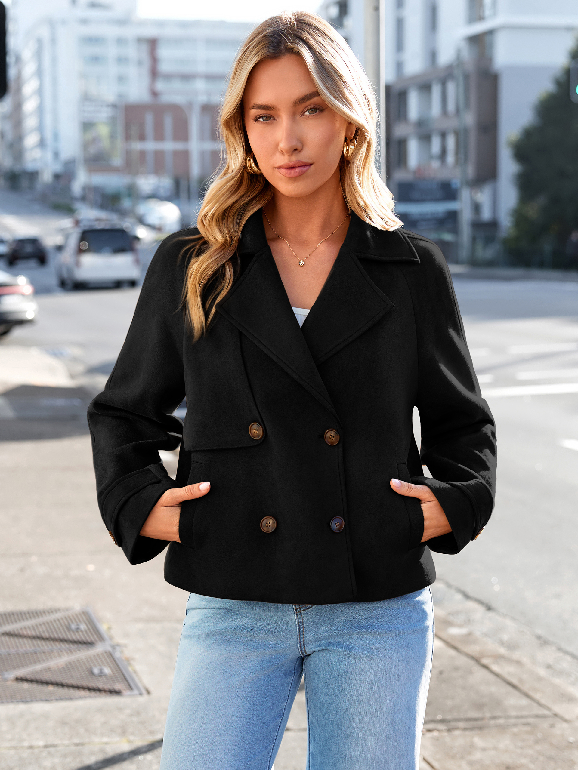 Faux Suede Notch Collar Double Breasted Jacket