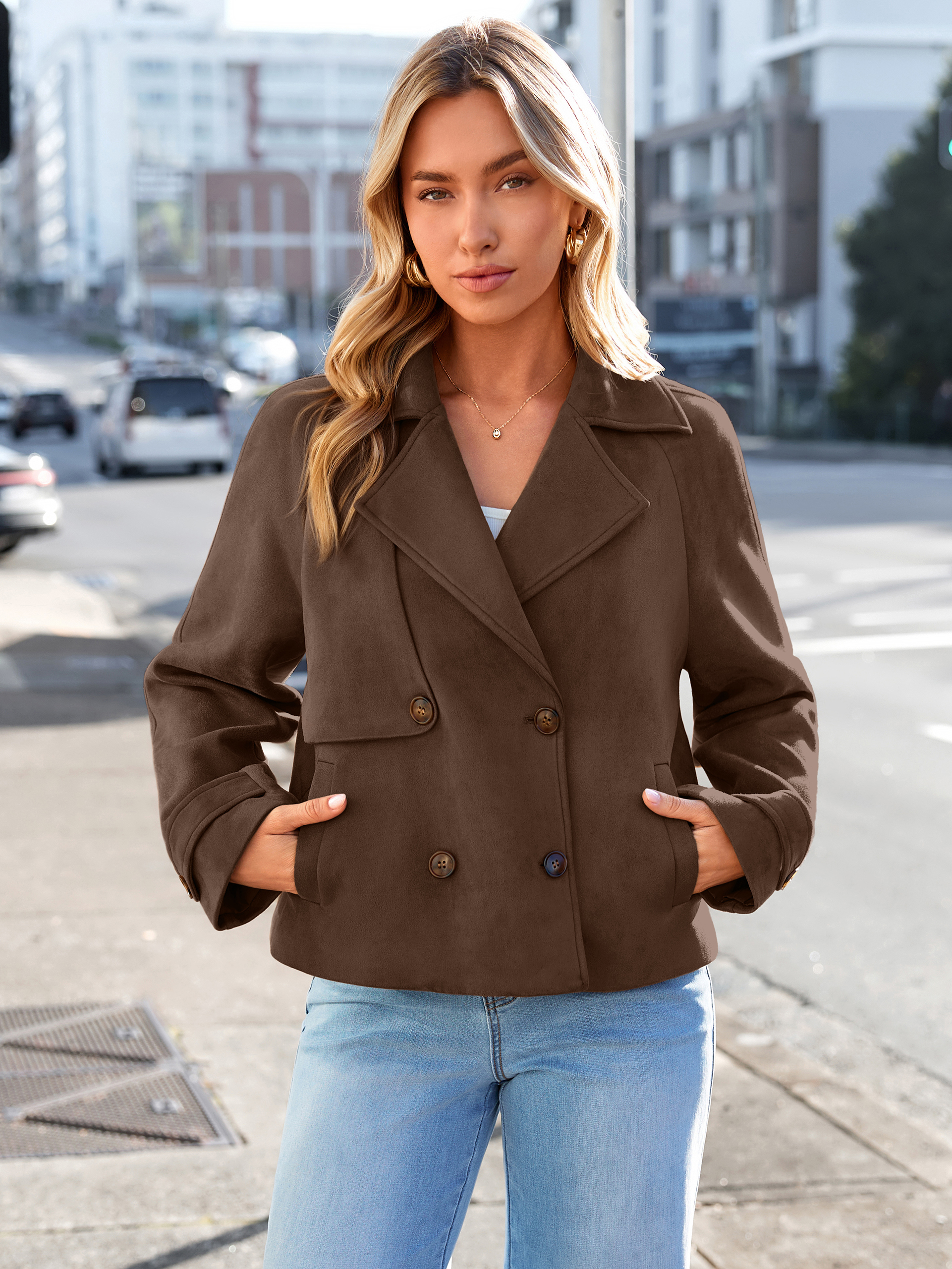 Faux Suede Notch Collar Double Breasted Jacket
