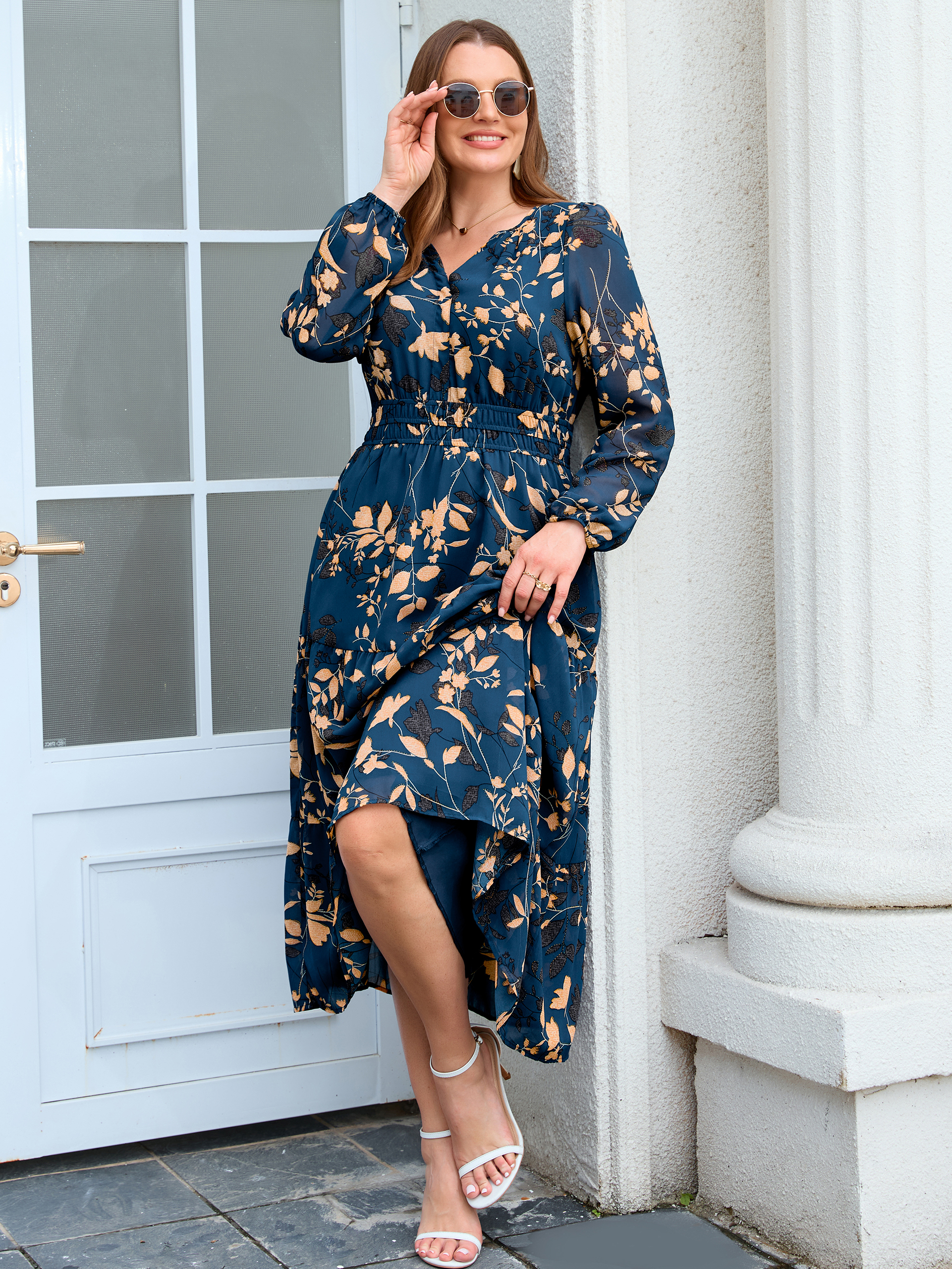 Plus Size V-Neck Long Sleeve Floral Chiffon Maxi Dress