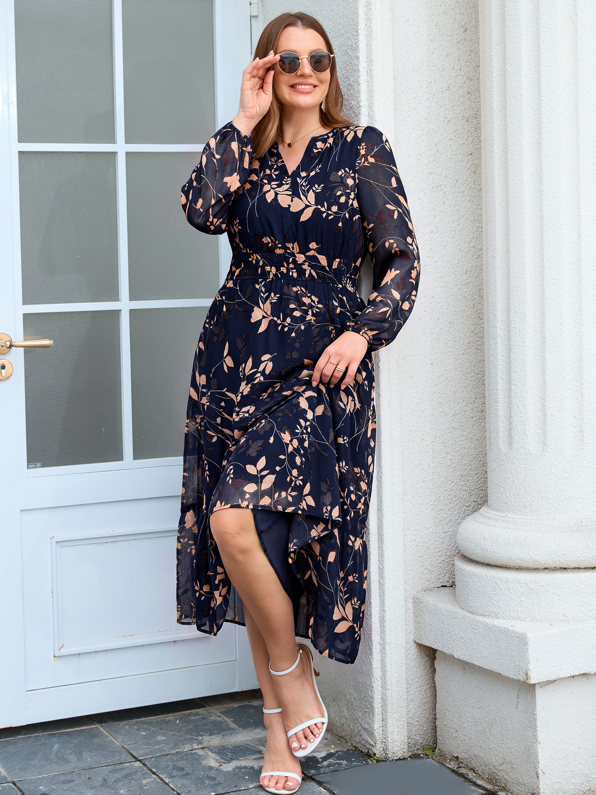 Plus Size V-Neck Long Sleeve Floral Chiffon Maxi Dress
