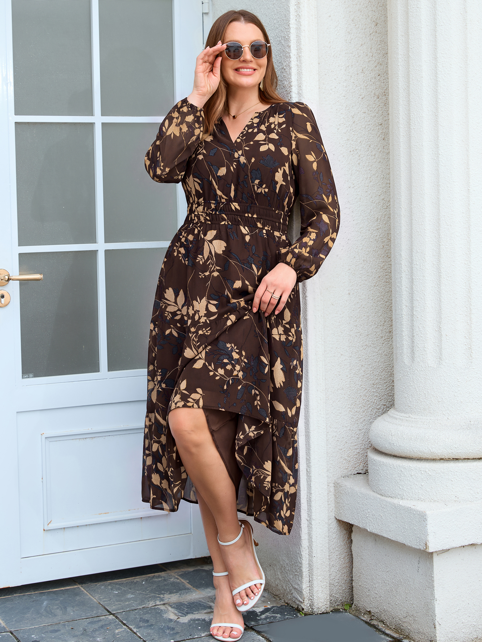 Plus Size V-Neck Long Sleeve Floral Chiffon Maxi Dress