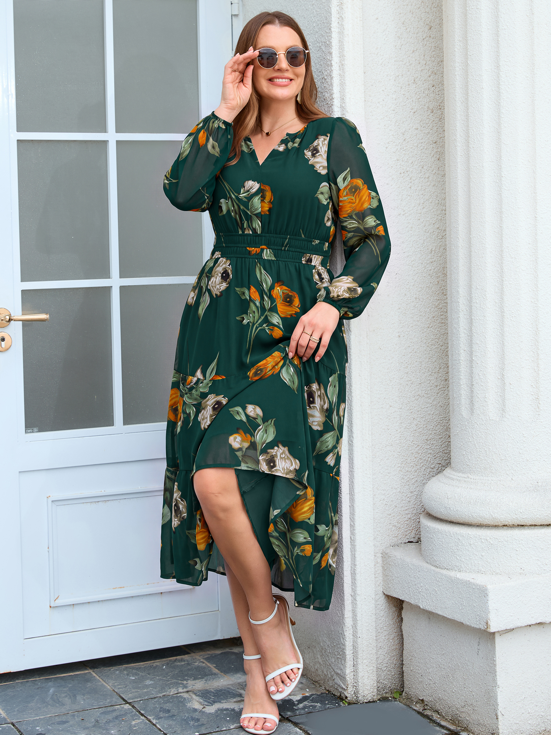 Plus Size V-Neck Long Sleeve Floral Chiffon Maxi Dress