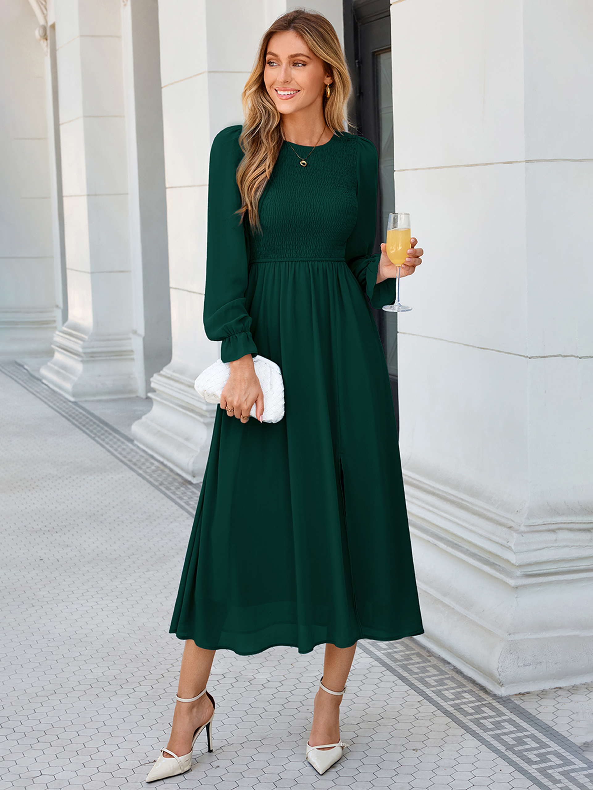 Smocked Bodice Crew Neck Long Sleeve Chiffon Maxi Dress
