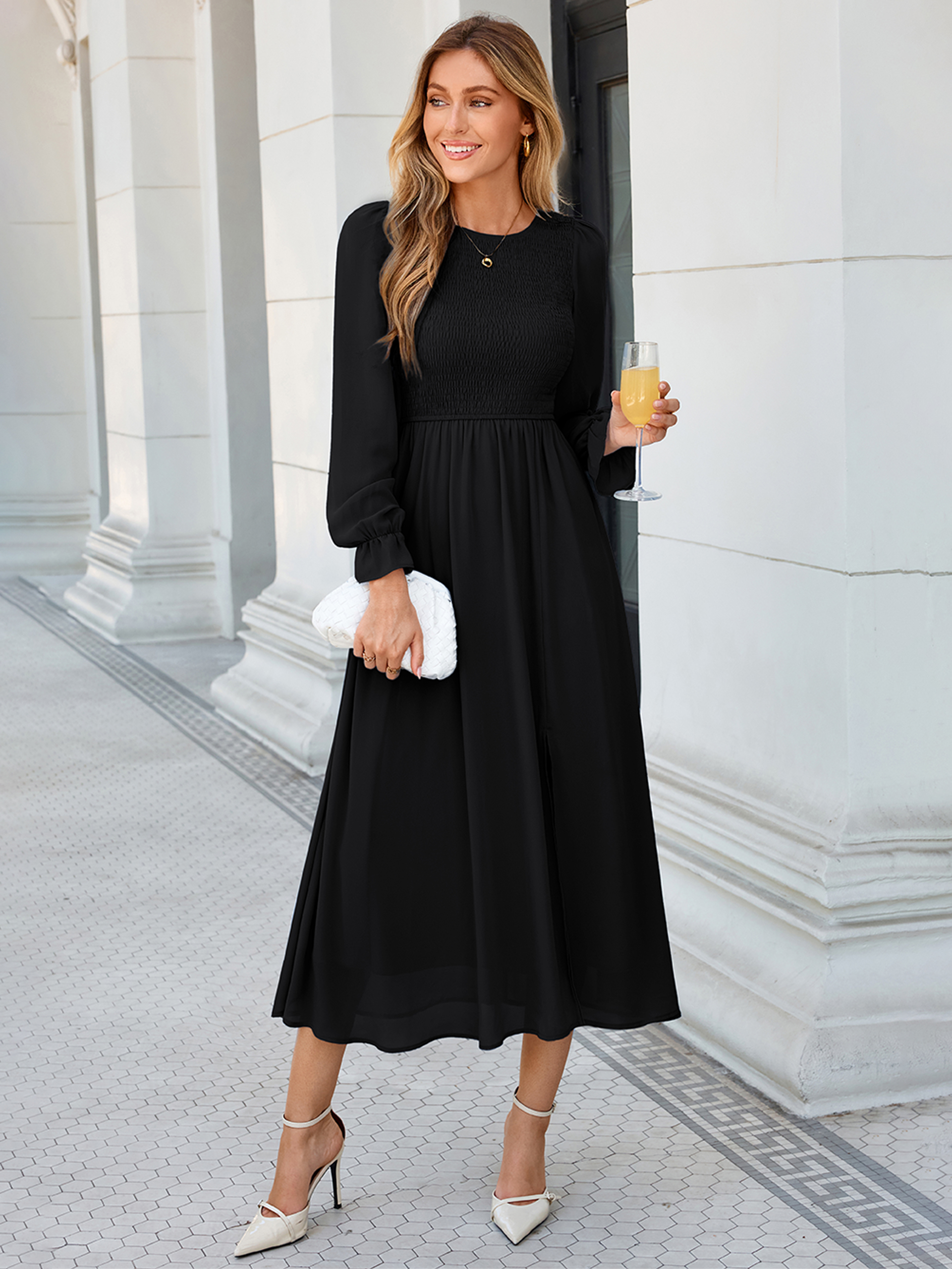 Smocked Bodice Crew Neck Long Sleeve Chiffon Maxi Dress