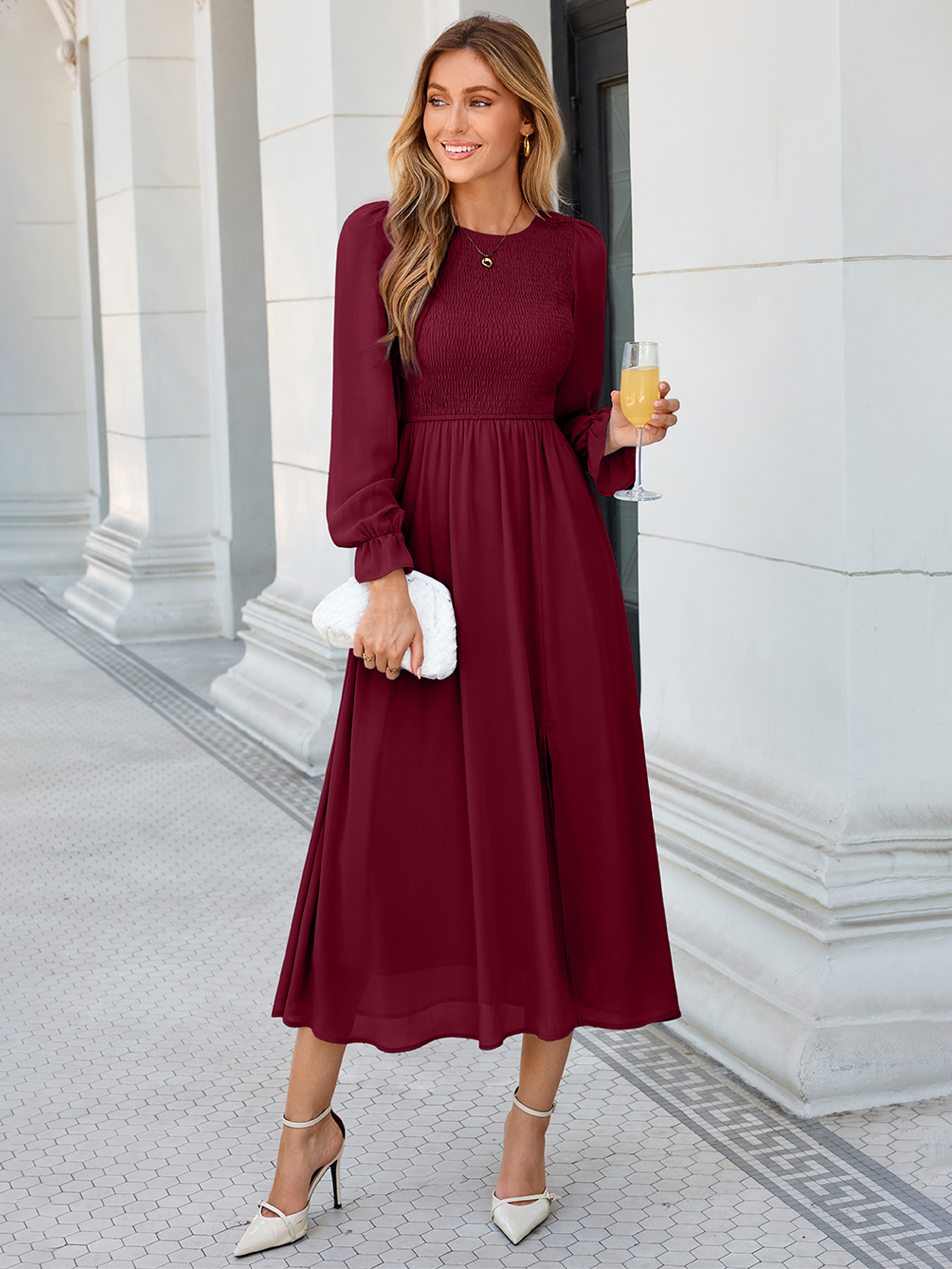 Smocked Bodice Crew Neck Long Sleeve Chiffon Maxi Dress