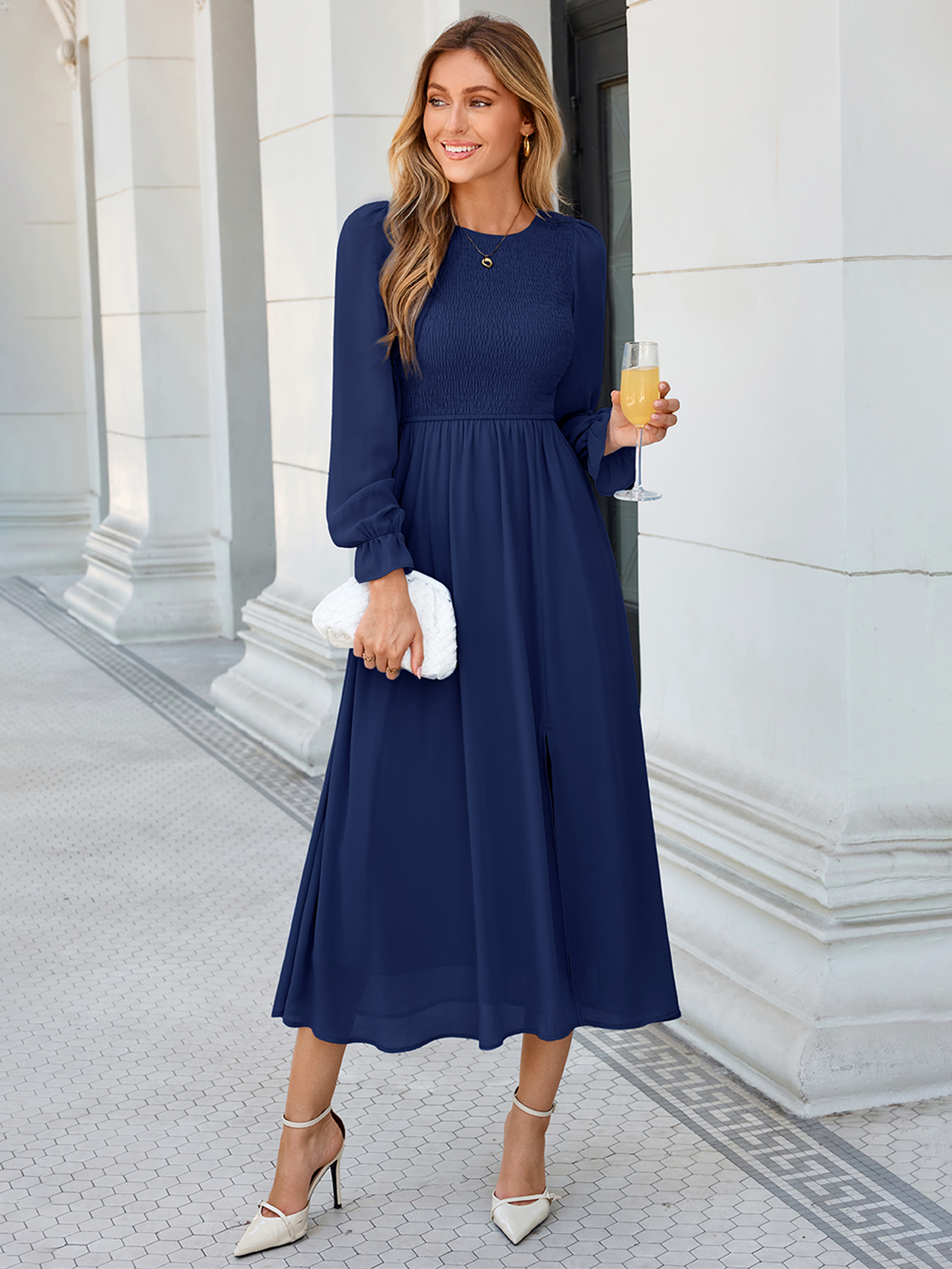 Smocked Bodice Crew Neck Long Sleeve Chiffon Maxi Dress