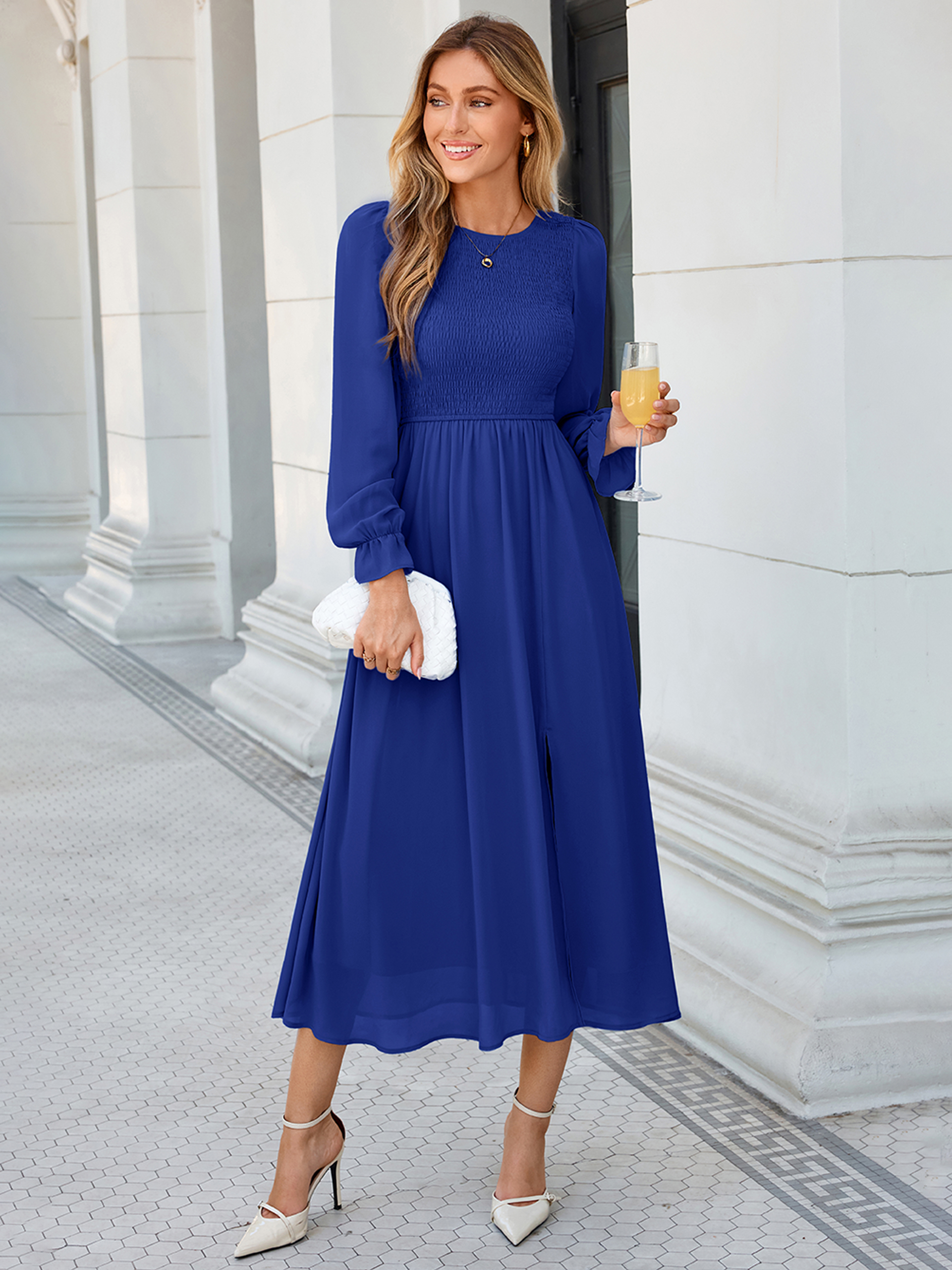 Smocked Bodice Crew Neck Long Sleeve Chiffon Maxi Dress