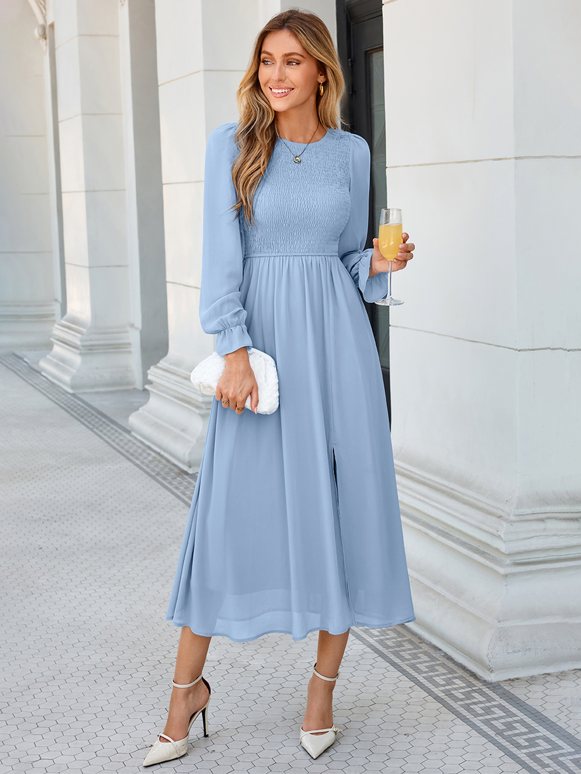 Smocked Bodice Crew Neck Long Sleeve Chiffon Maxi Dress
