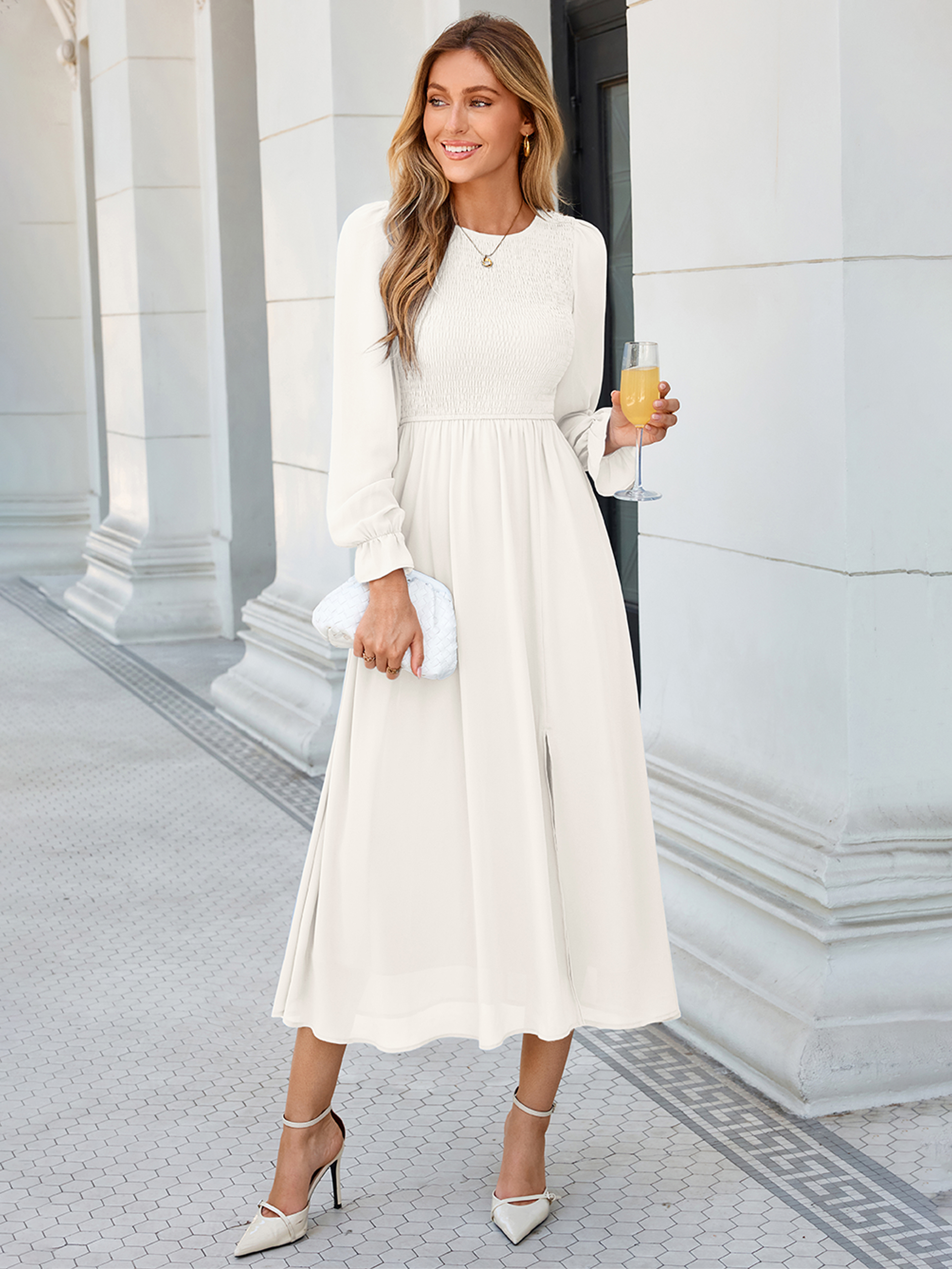 Smocked Bodice Crew Neck Long Sleeve Chiffon Maxi Dress