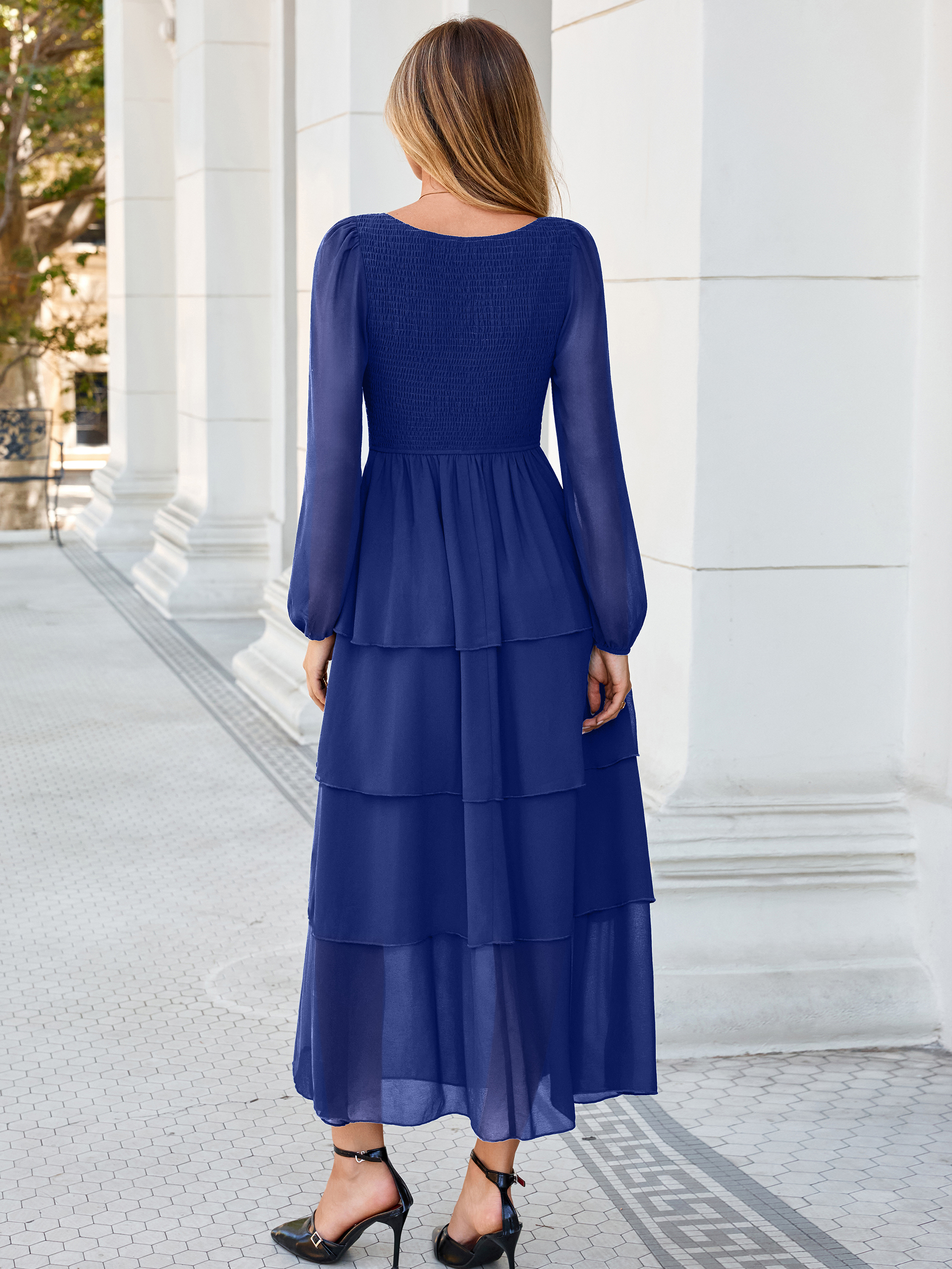 Sweetheart Ruched Long Sleeve Tiered Chiffon Maxi Dress