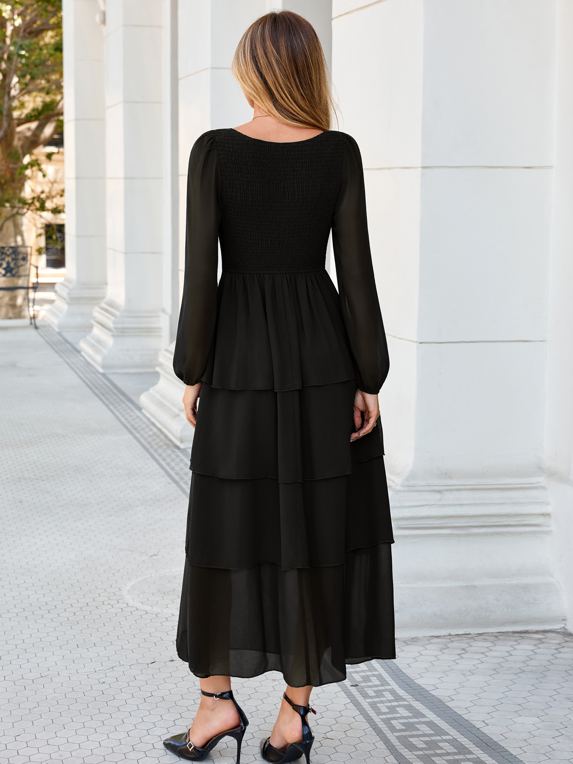 Sweetheart Ruched Long Sleeve Tiered Chiffon Maxi Dress