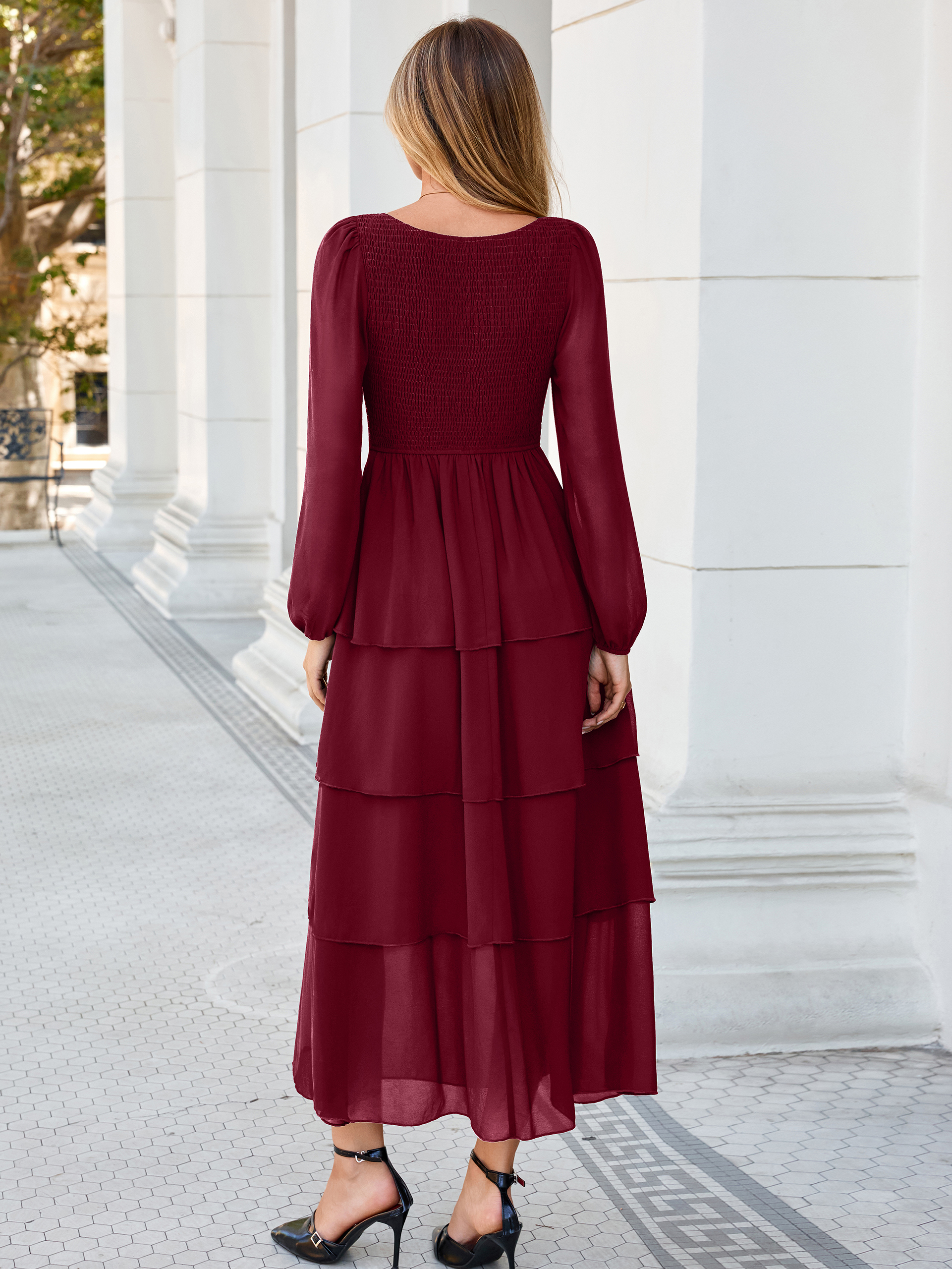 Sweetheart Ruched Long Sleeve Tiered Chiffon Maxi Dress