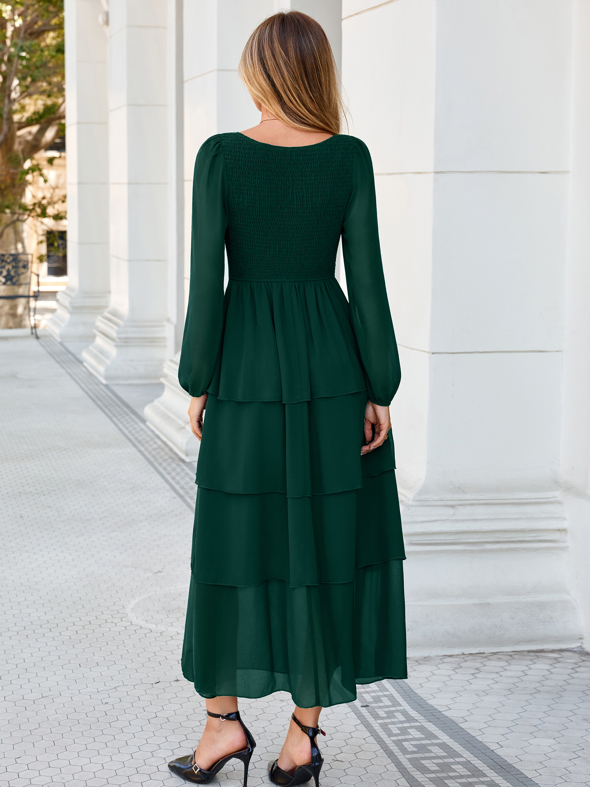 Sweetheart Ruched Long Sleeve Tiered Chiffon Maxi Dress