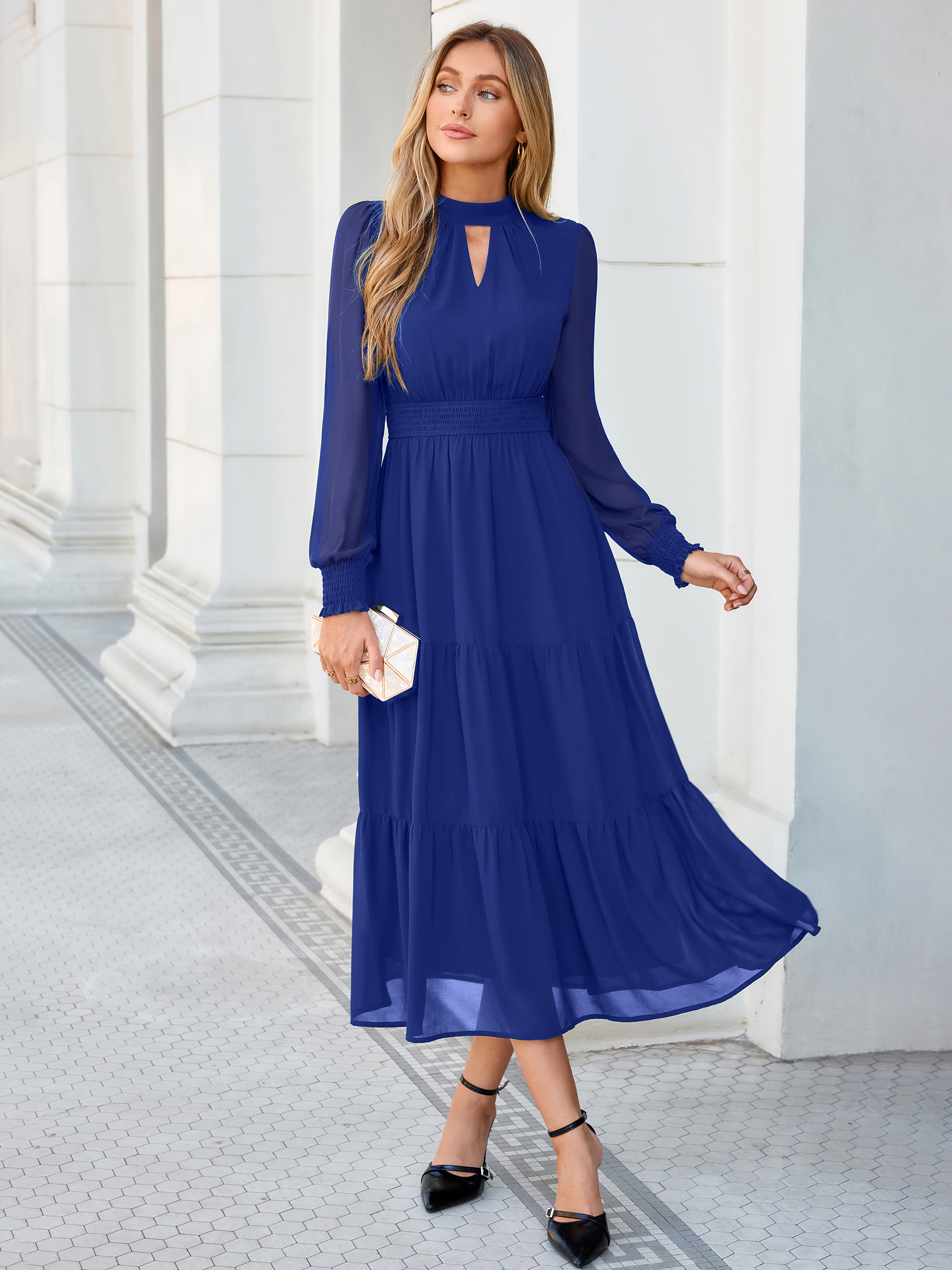 Mock Neck Keyhole Smocked Waist Chiffon Maxi Dress