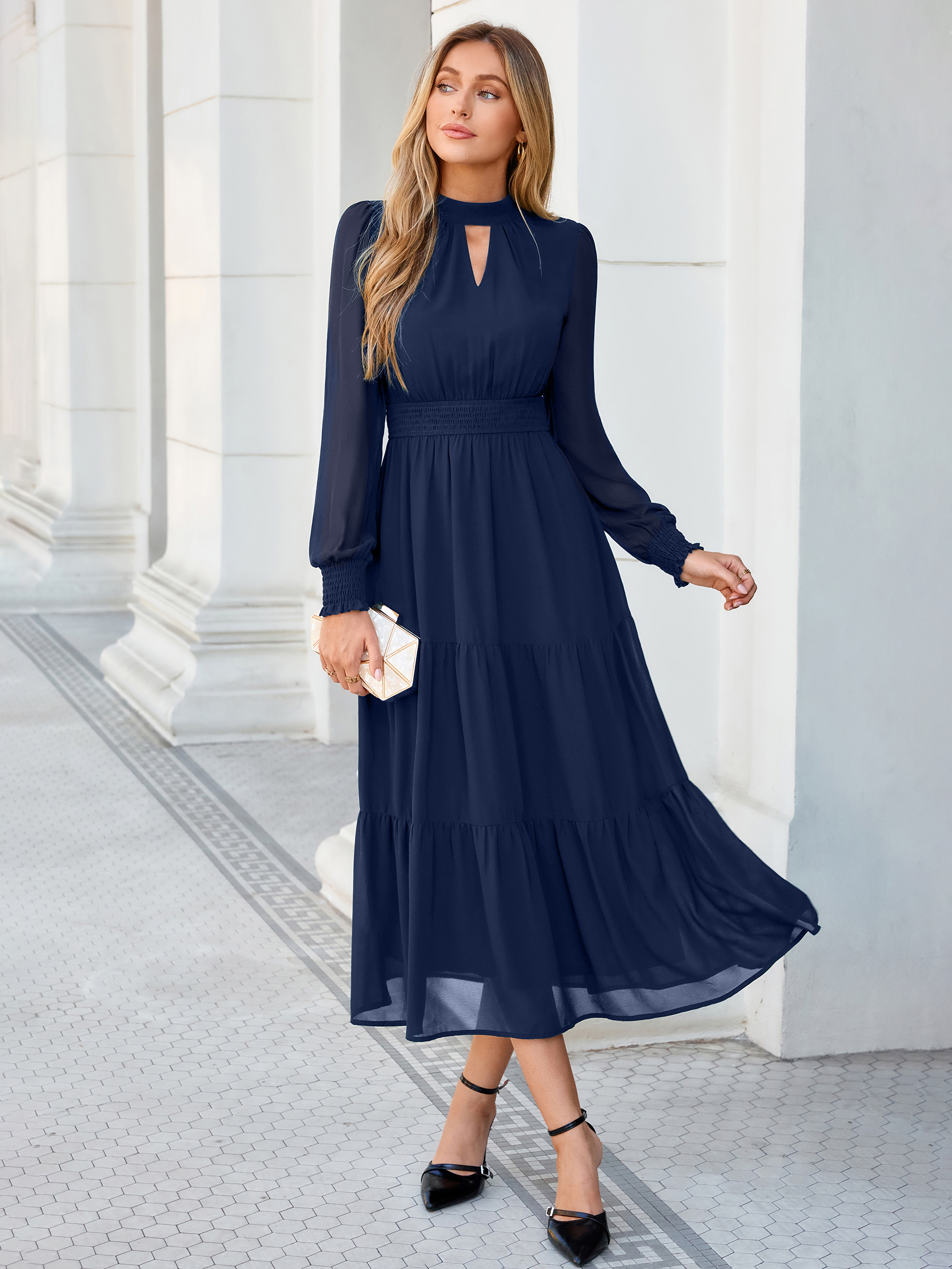 Mock Neck Keyhole Smocked Waist Chiffon Maxi Dress