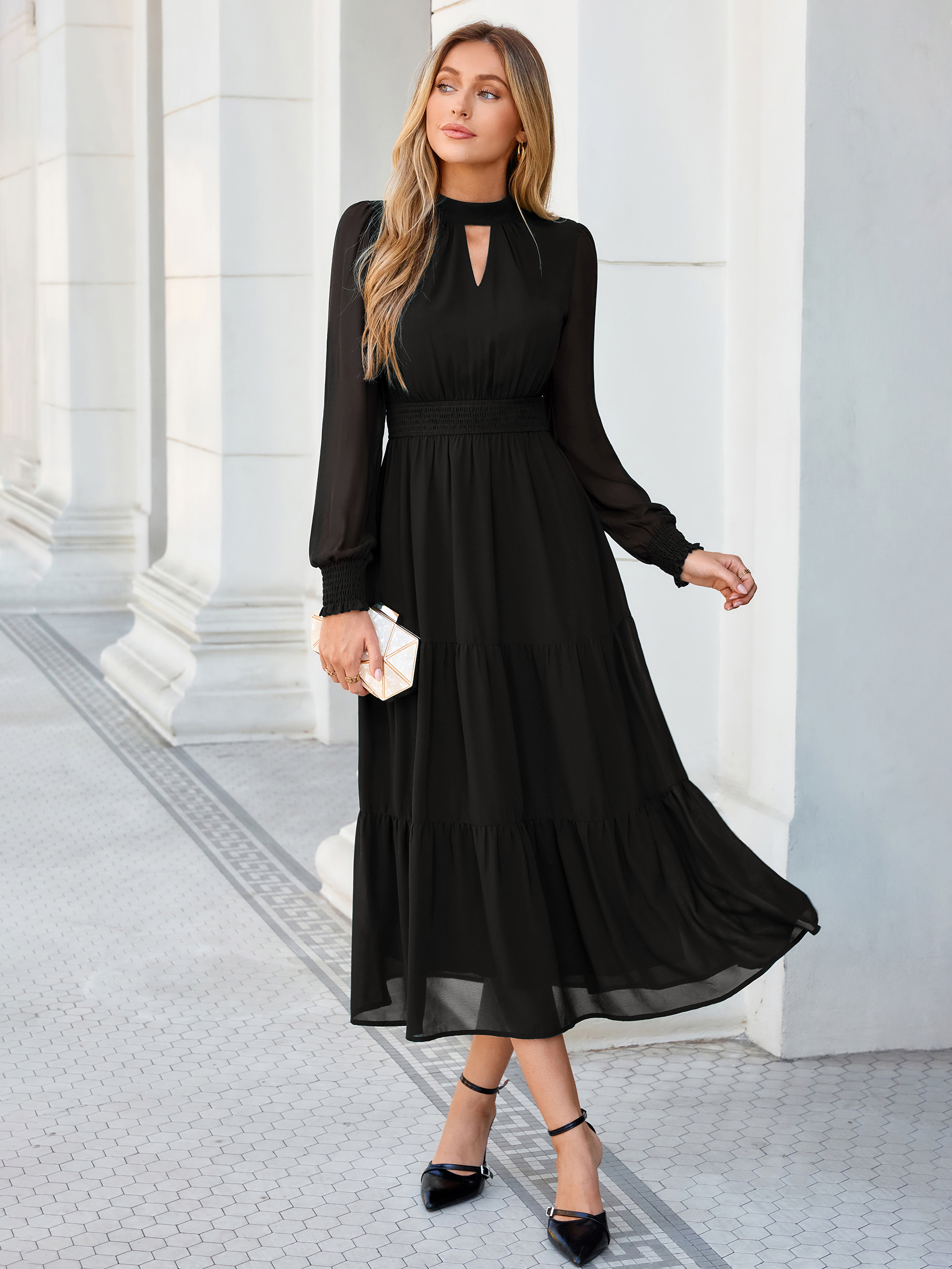 Mock Neck Keyhole Smocked Waist Chiffon Maxi Dress