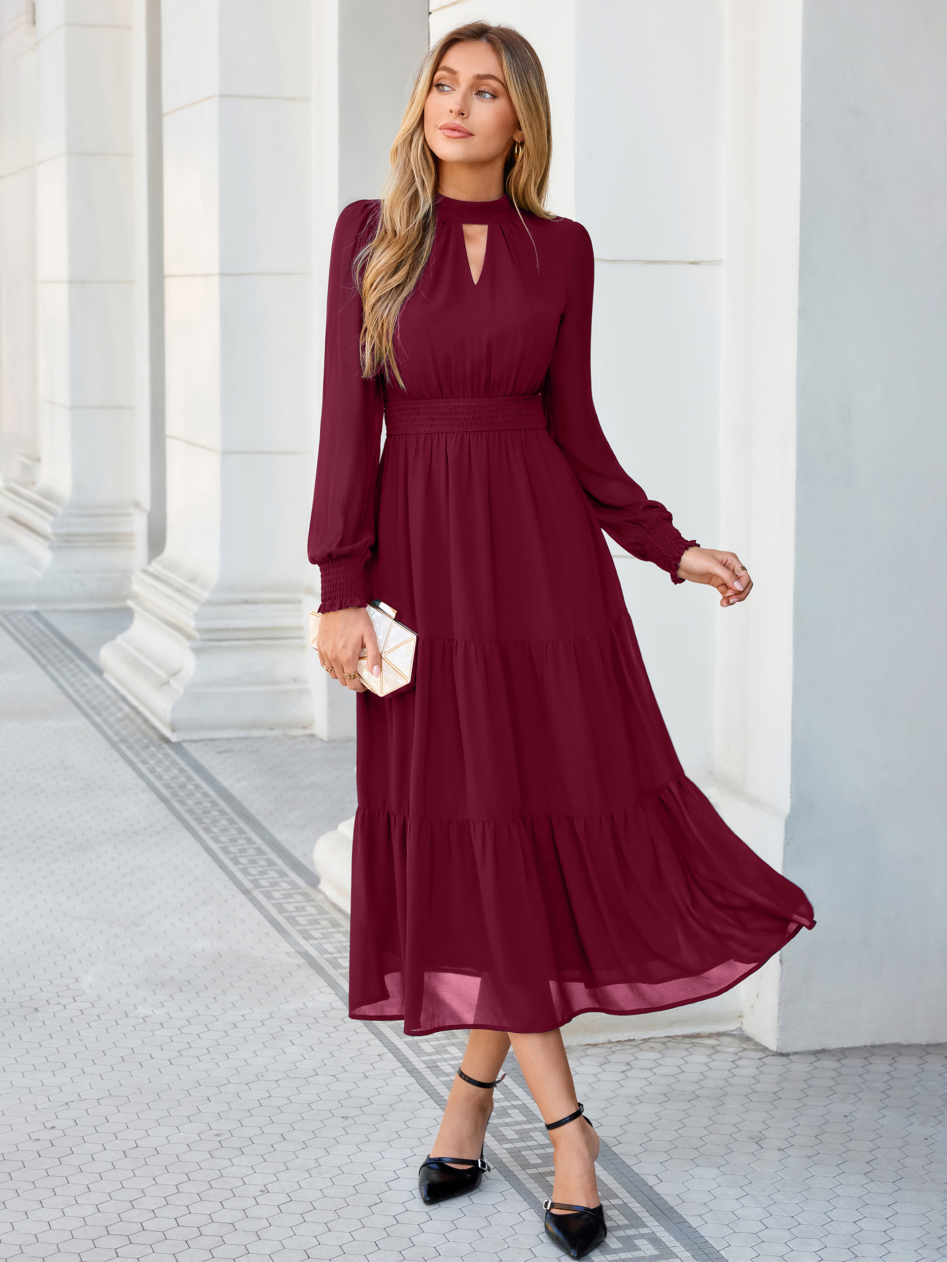 Mock Neck Keyhole Smocked Waist Chiffon Maxi Dress