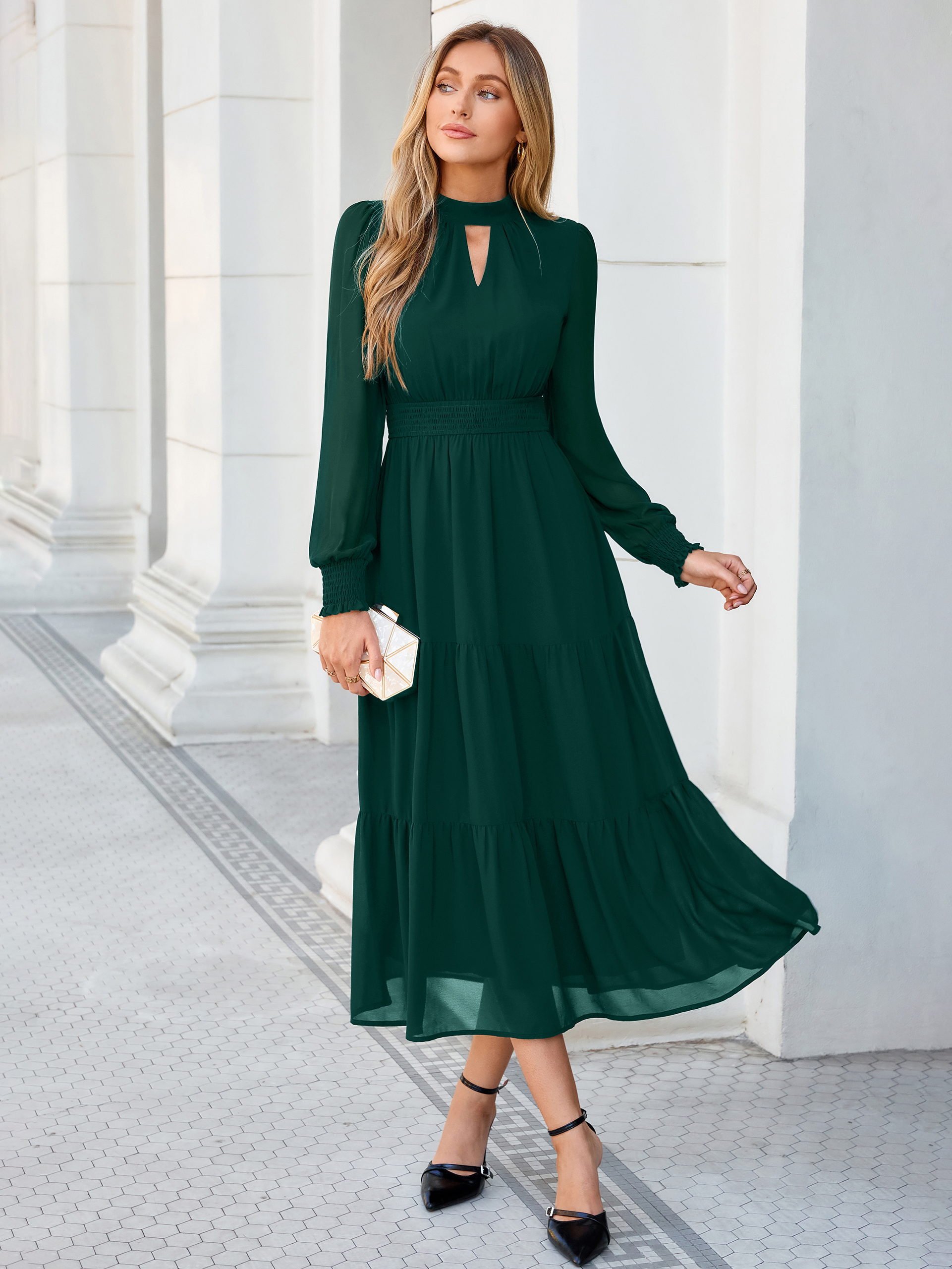 Mock Neck Keyhole Smocked Waist Chiffon Maxi Dress