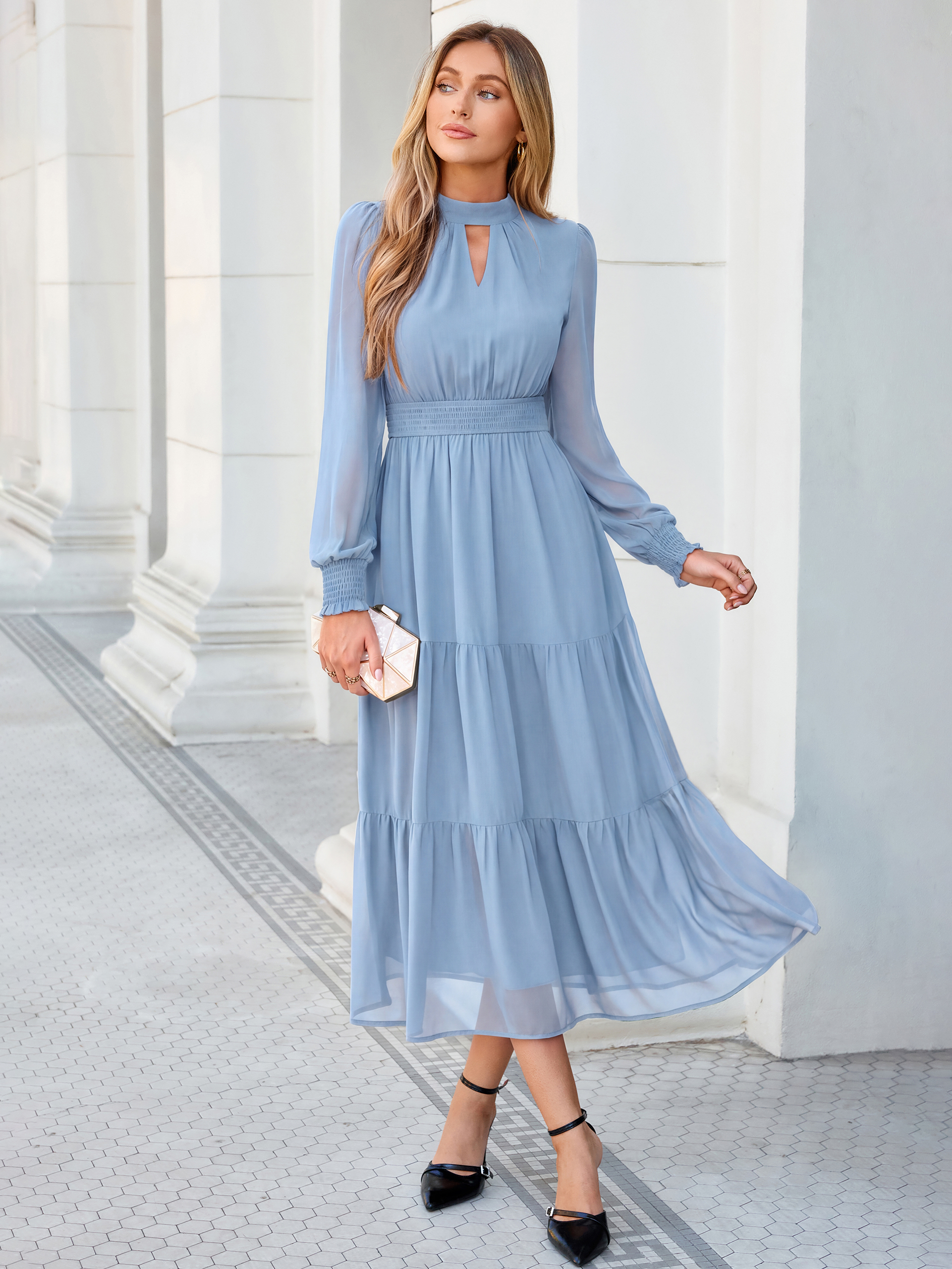 Mock Neck Keyhole Smocked Waist Chiffon Maxi Dress