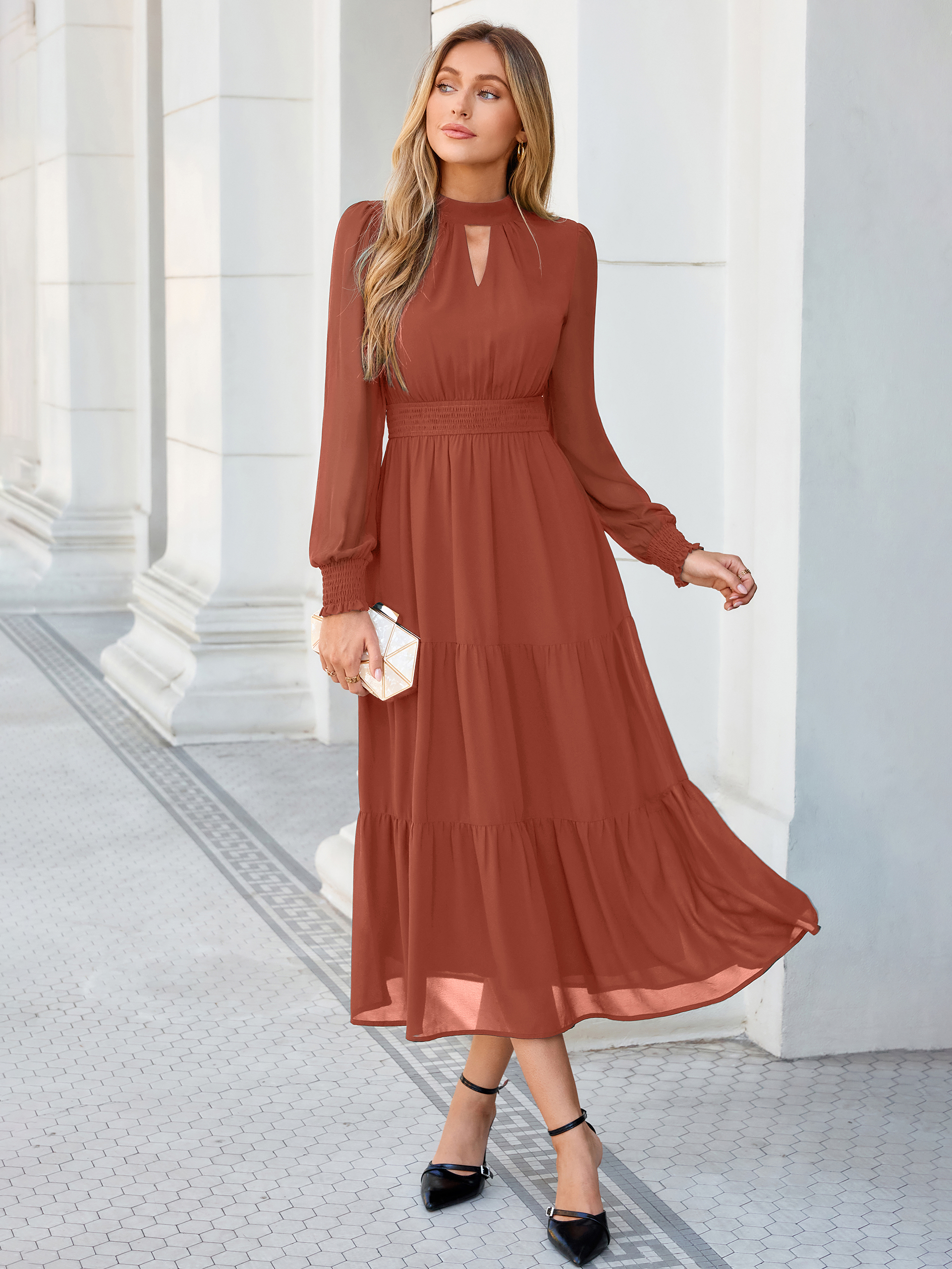 Mock Neck Keyhole Smocked Waist Chiffon Maxi Dress