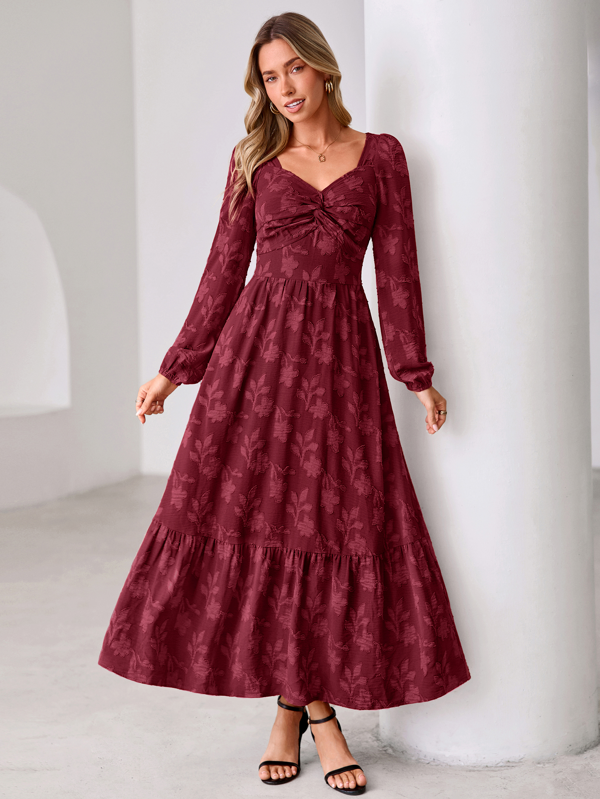 Burnout Floral Print Twist Front Long Sleeve Maxi Dress - Wine Red