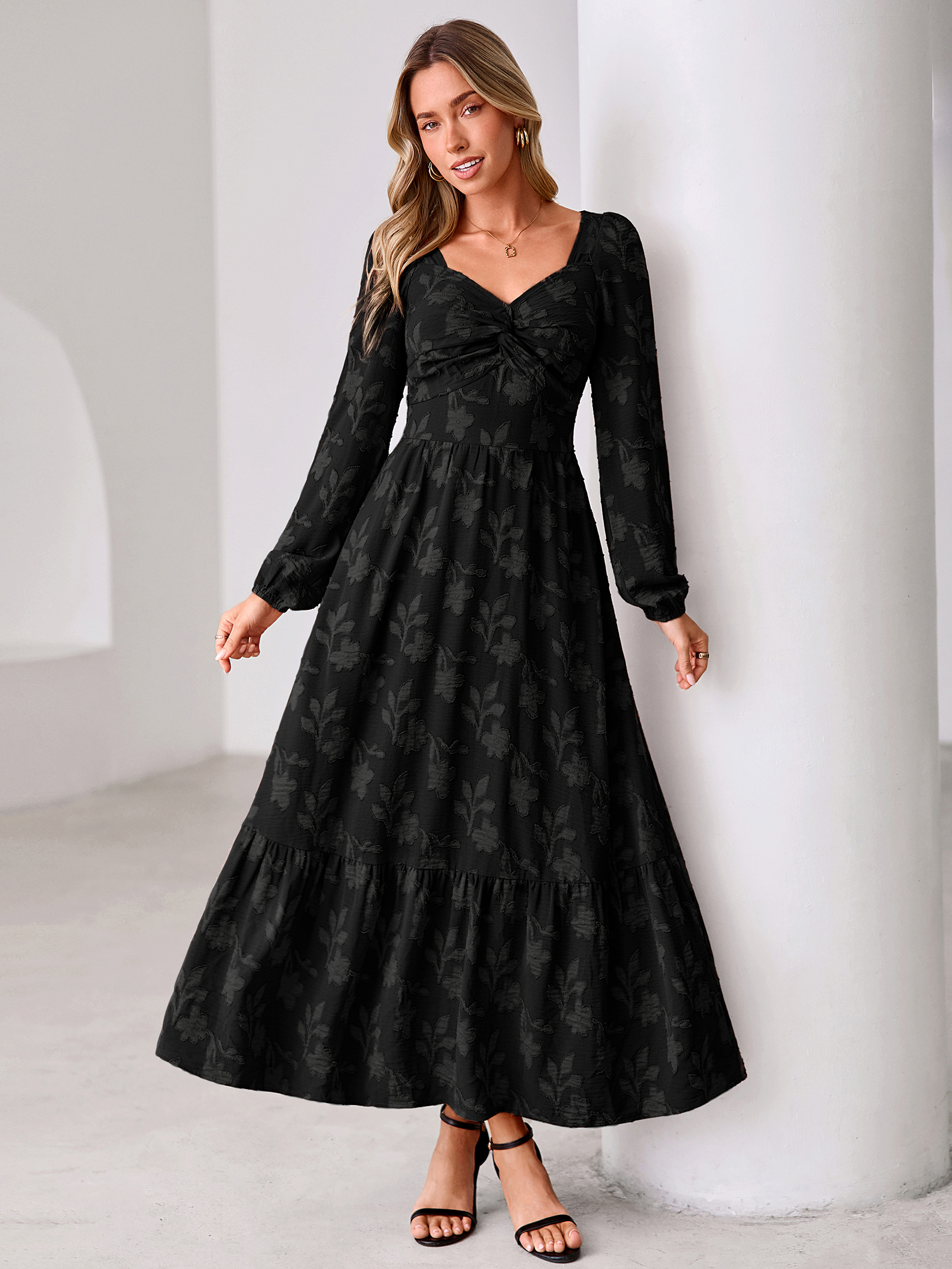 Burnout Floral Print Twist Front Long Sleeve Maxi Dress - Black