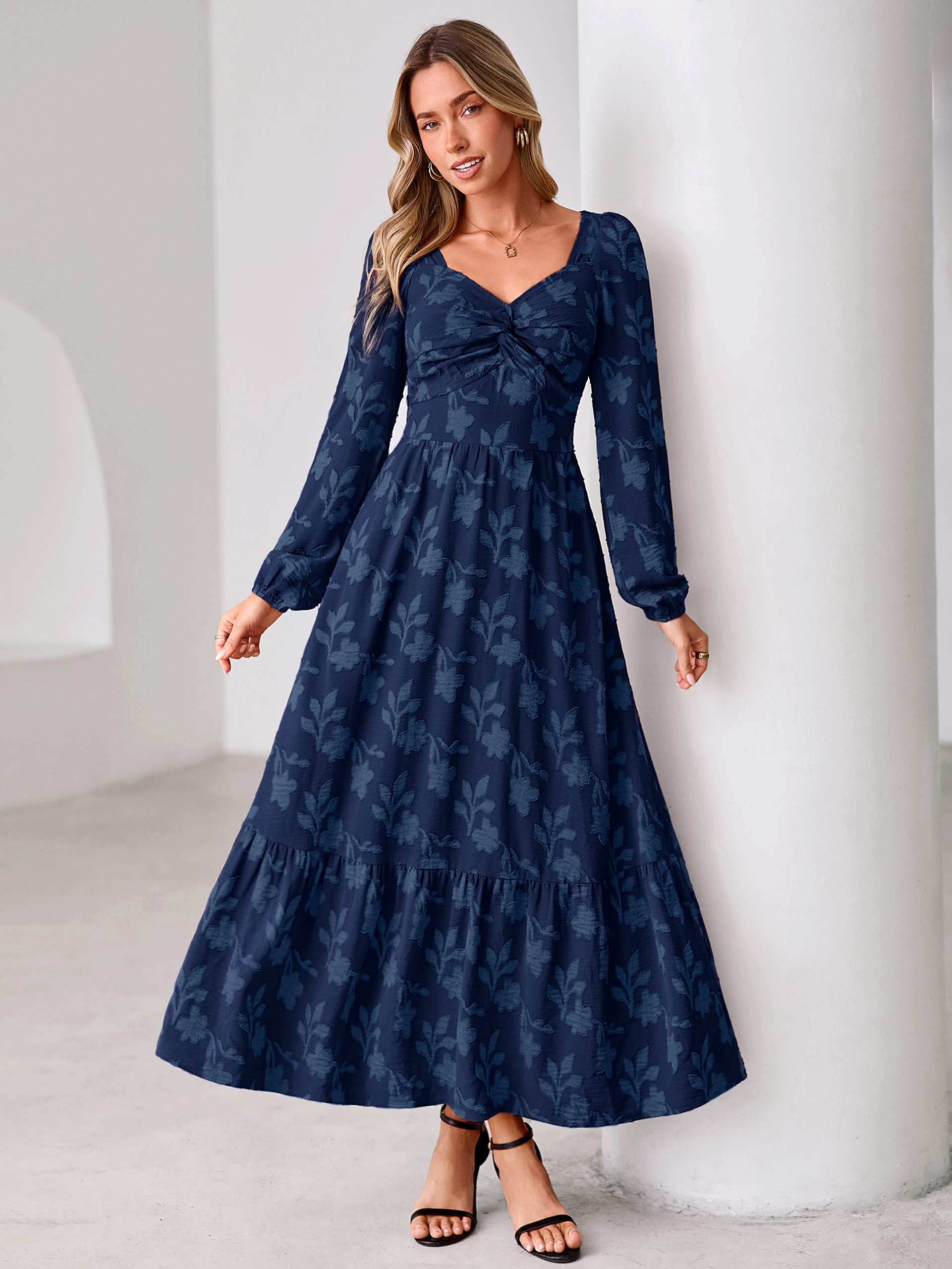 Burnout Floral Print Twist Front Long Sleeve Maxi Dress - Navy Blue