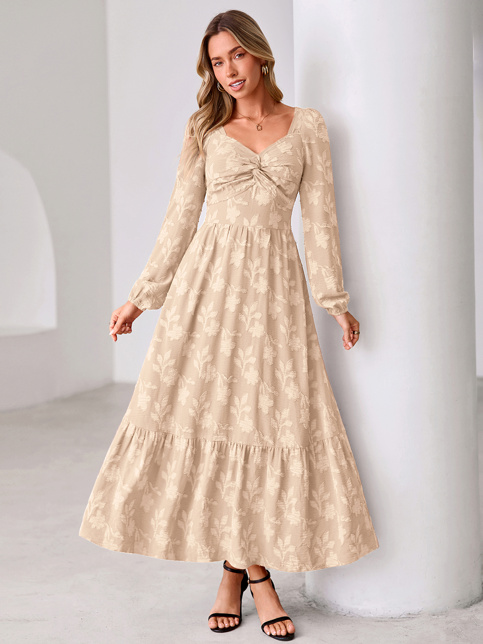 Burnout Floral Print Twist Front Long Sleeve Maxi Dress - Beige