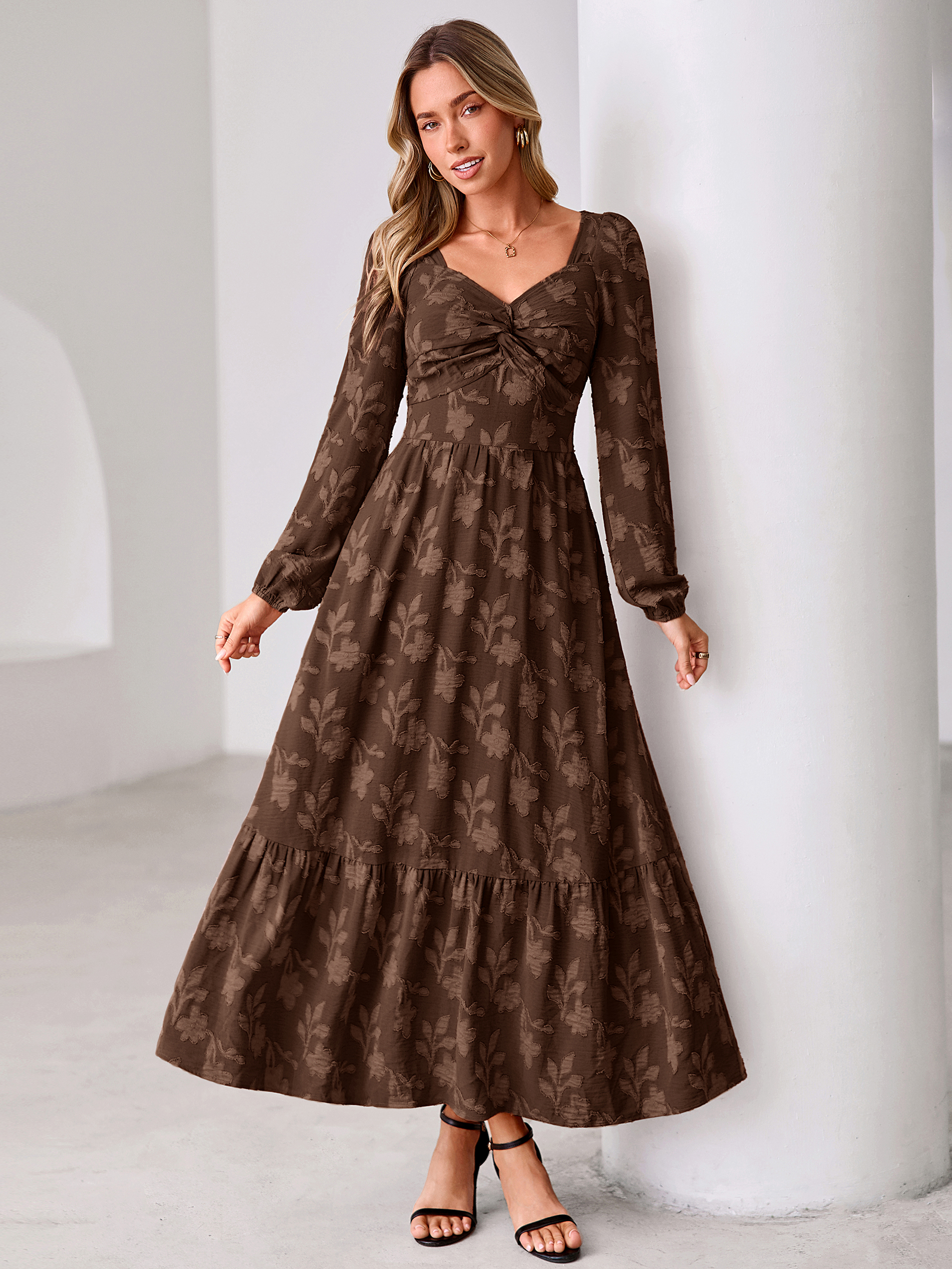 Burnout Floral Print Twist Front Long Sleeve Maxi Dress - Coffee