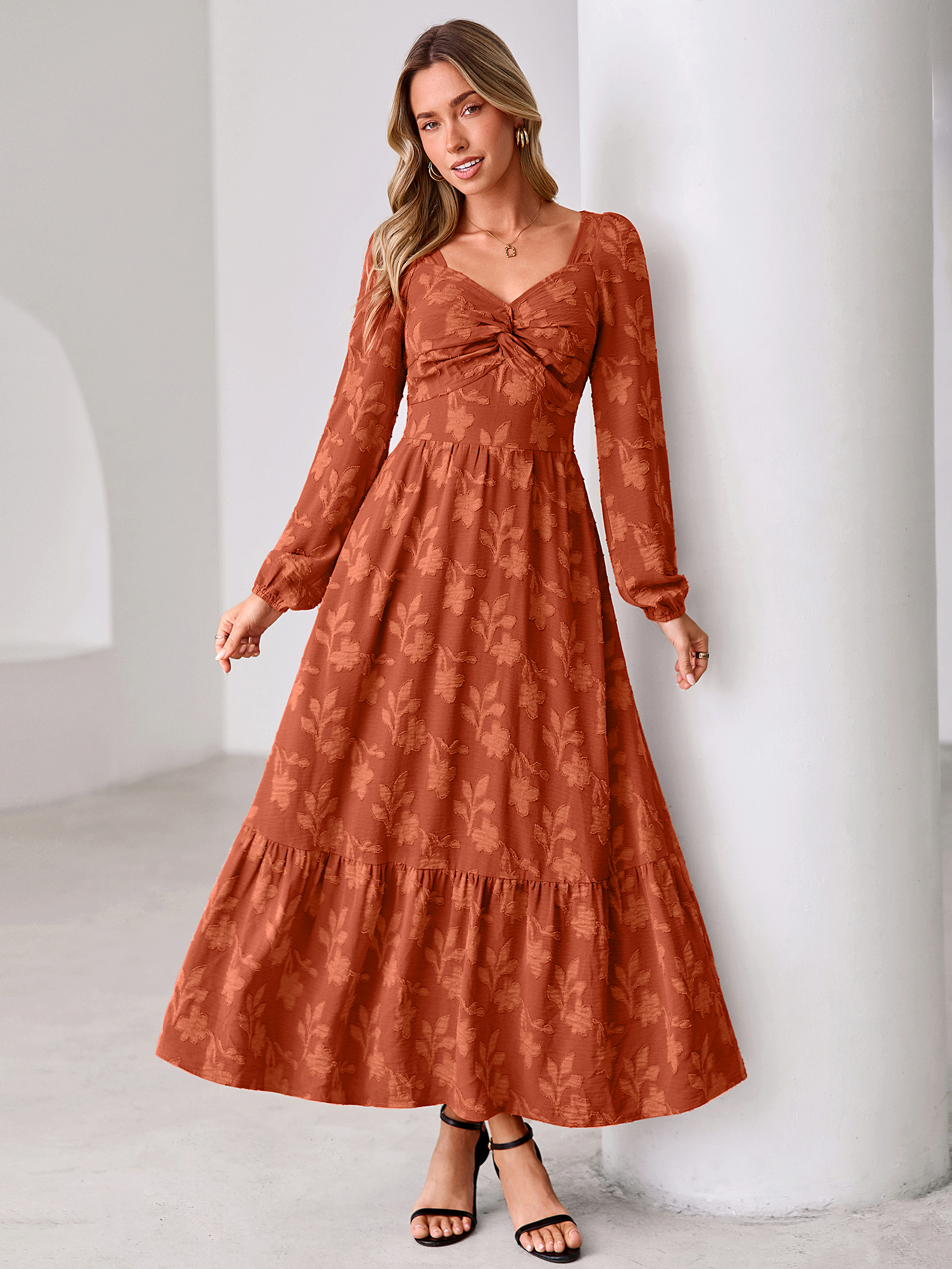 Burnout Floral Print Twist Front Long Sleeve Maxi Dress - Orange