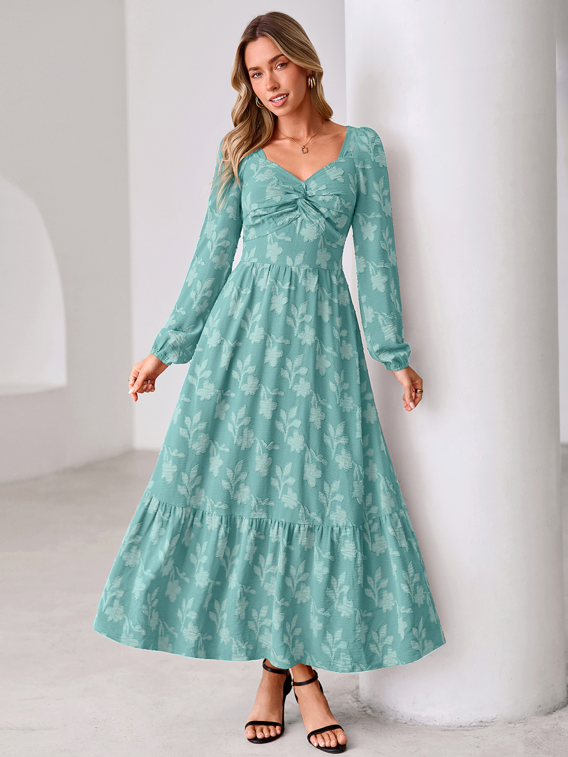 Burnout Floral Print Twist Front Long Sleeve Maxi Dress - Teal