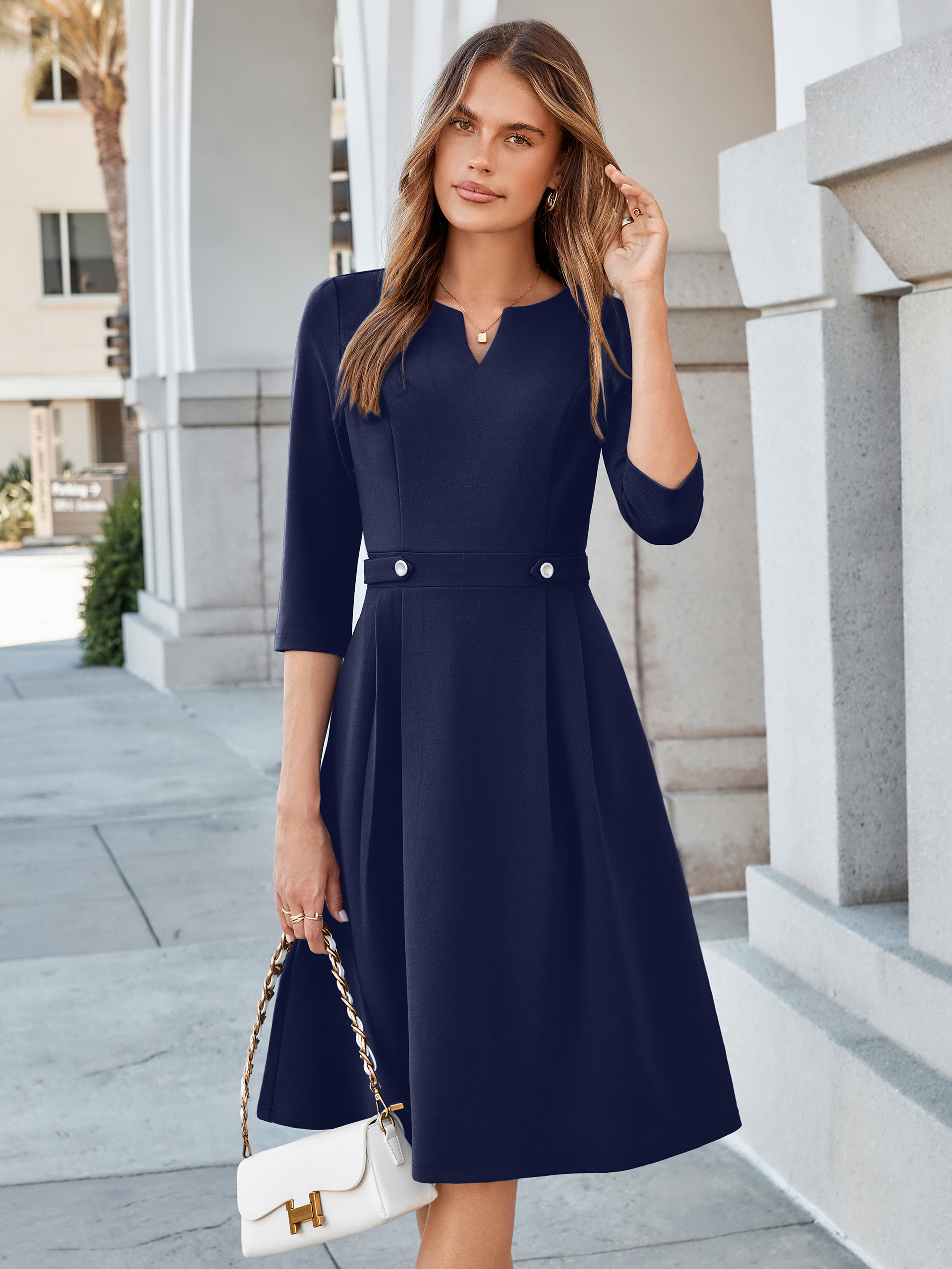 Notched V-Neck 3/4 Sleeve A-Line Business Midi Dress - Navy Blue