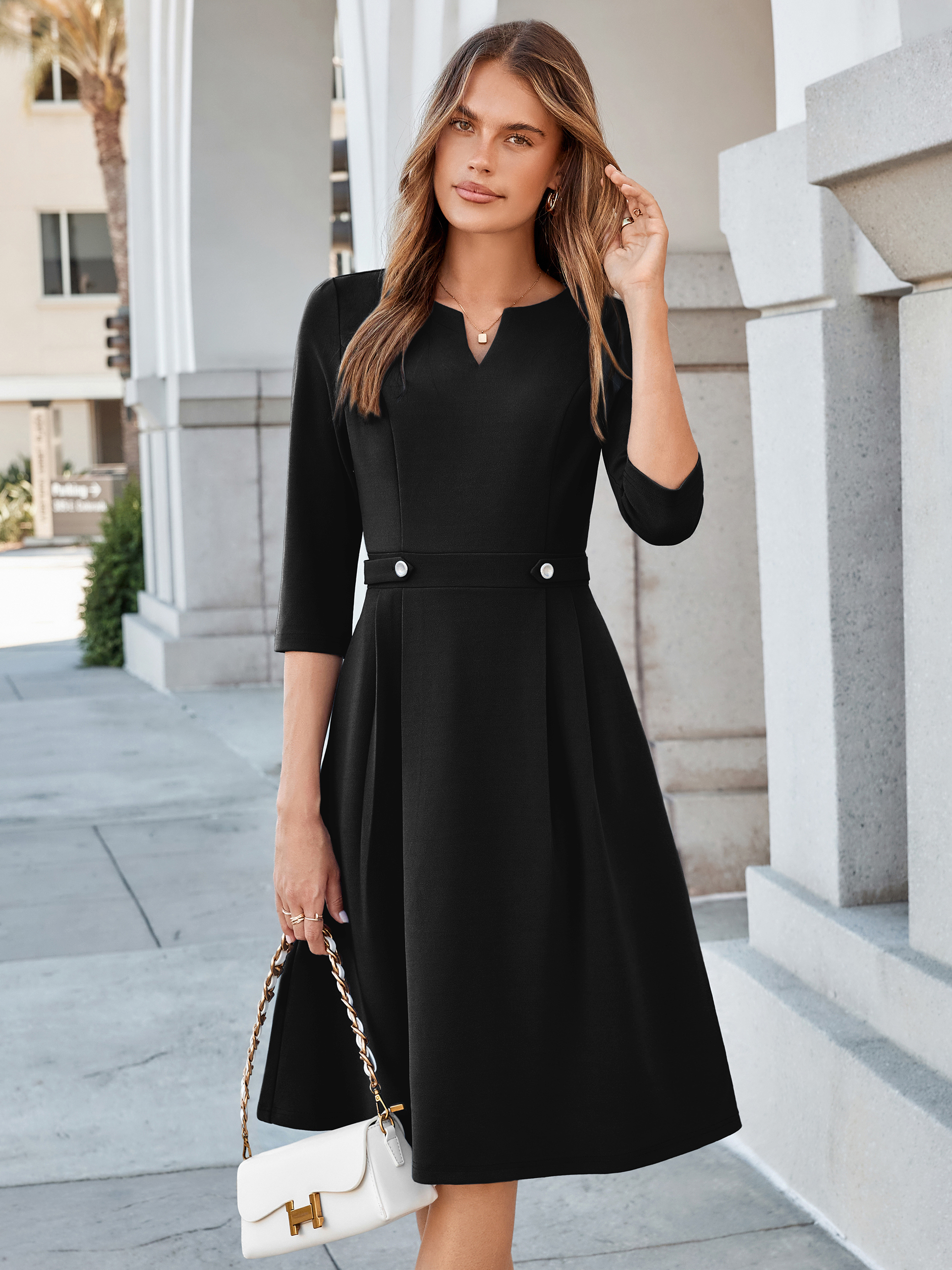 Notched V-Neck 3/4 Sleeve A-Line Business Midi Dress - Black