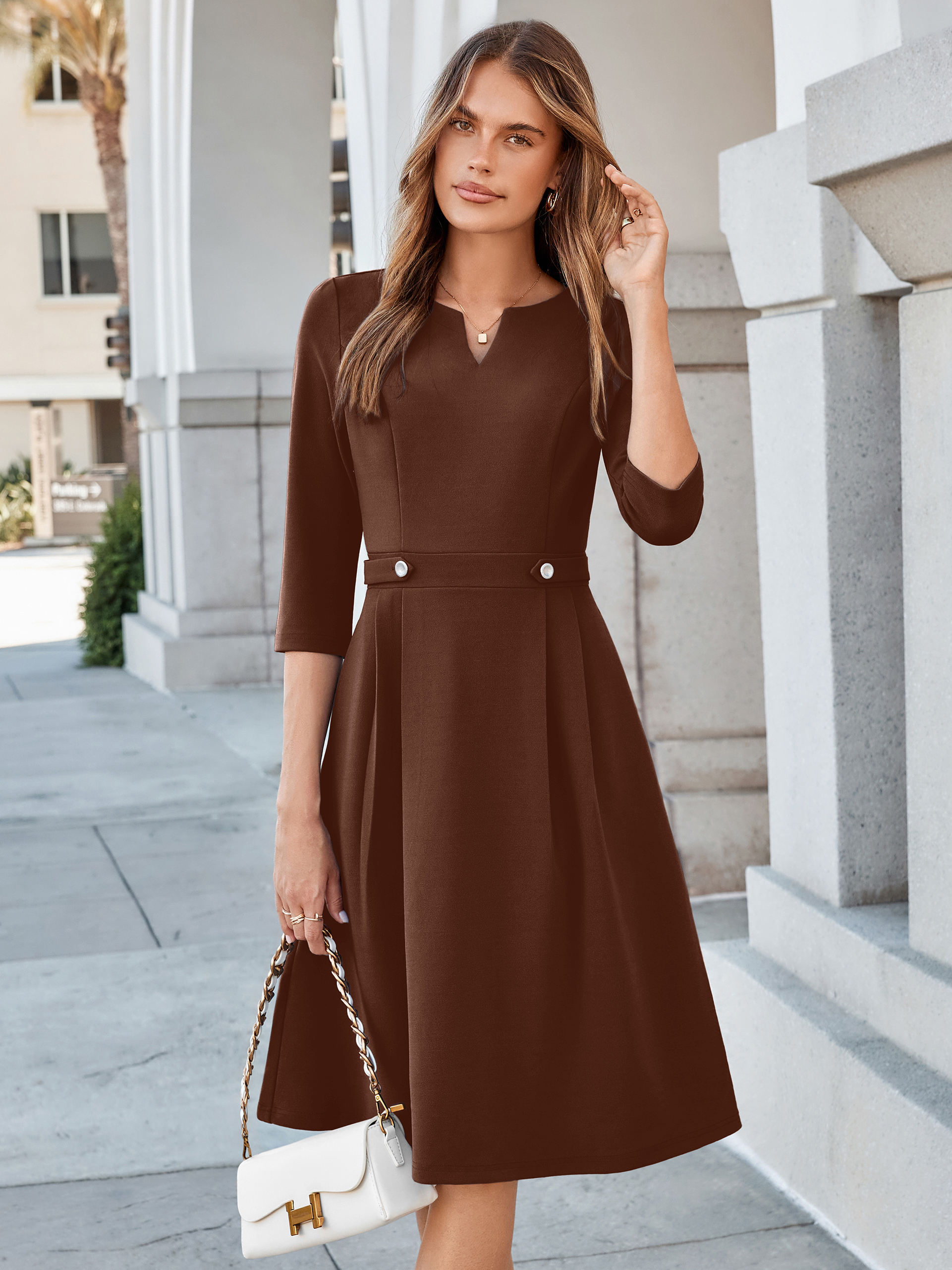 Notched V-Neck 3/4 Sleeve A-Line Business Midi Dress - Coffee