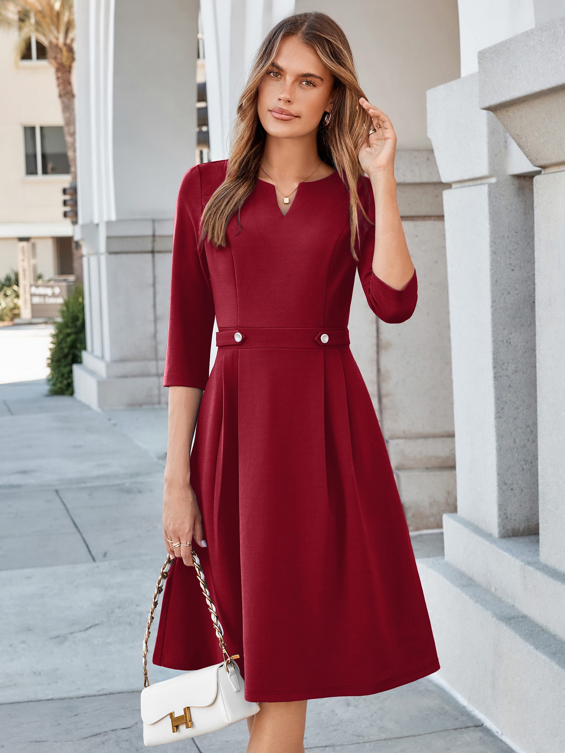 Notched V-Neck 3/4 Sleeve A-Line Business Midi Dress - Wine Red
