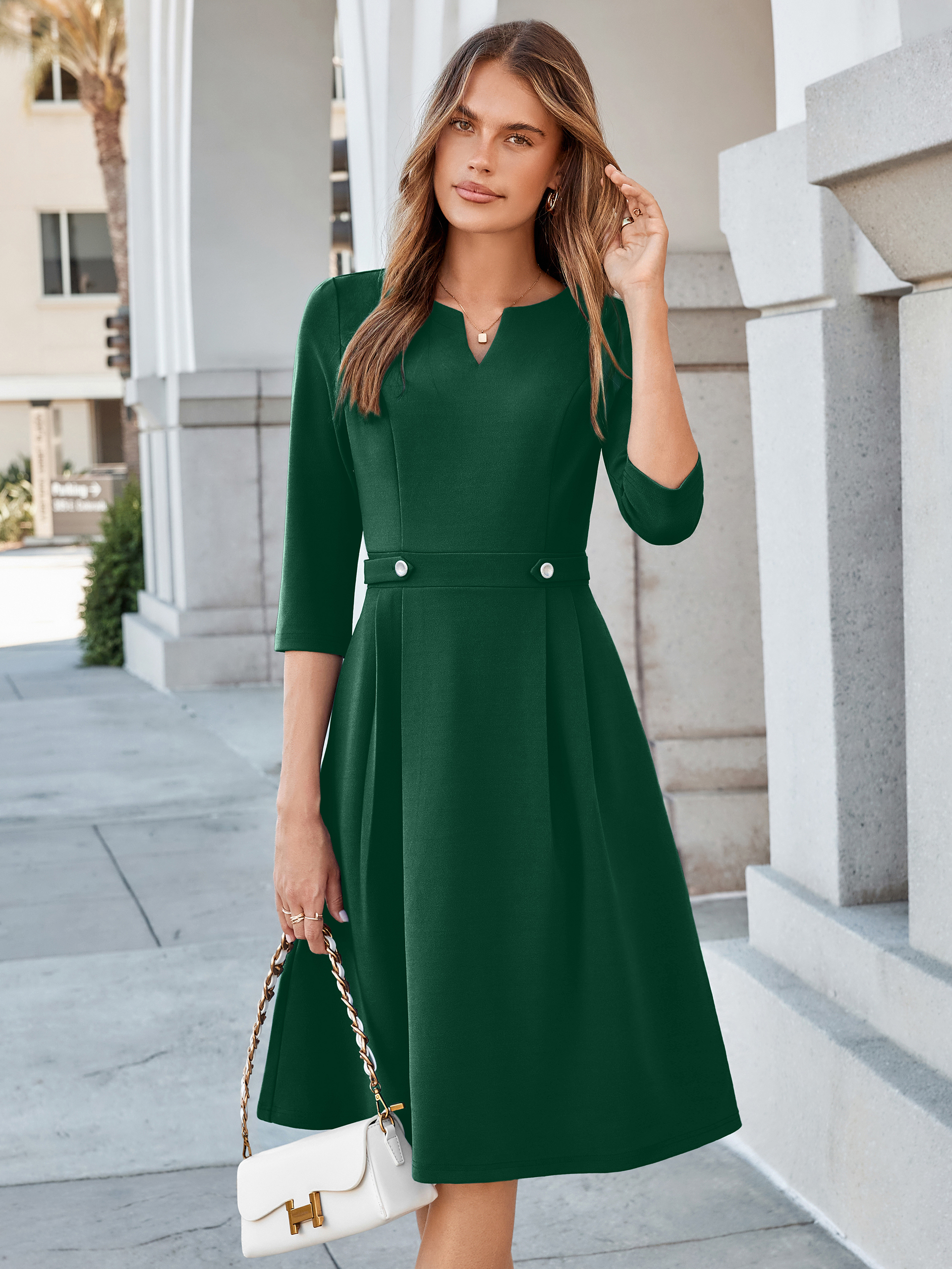 Notched V-Neck 3/4 Sleeve A-Line Business Midi Dress - Dark Green