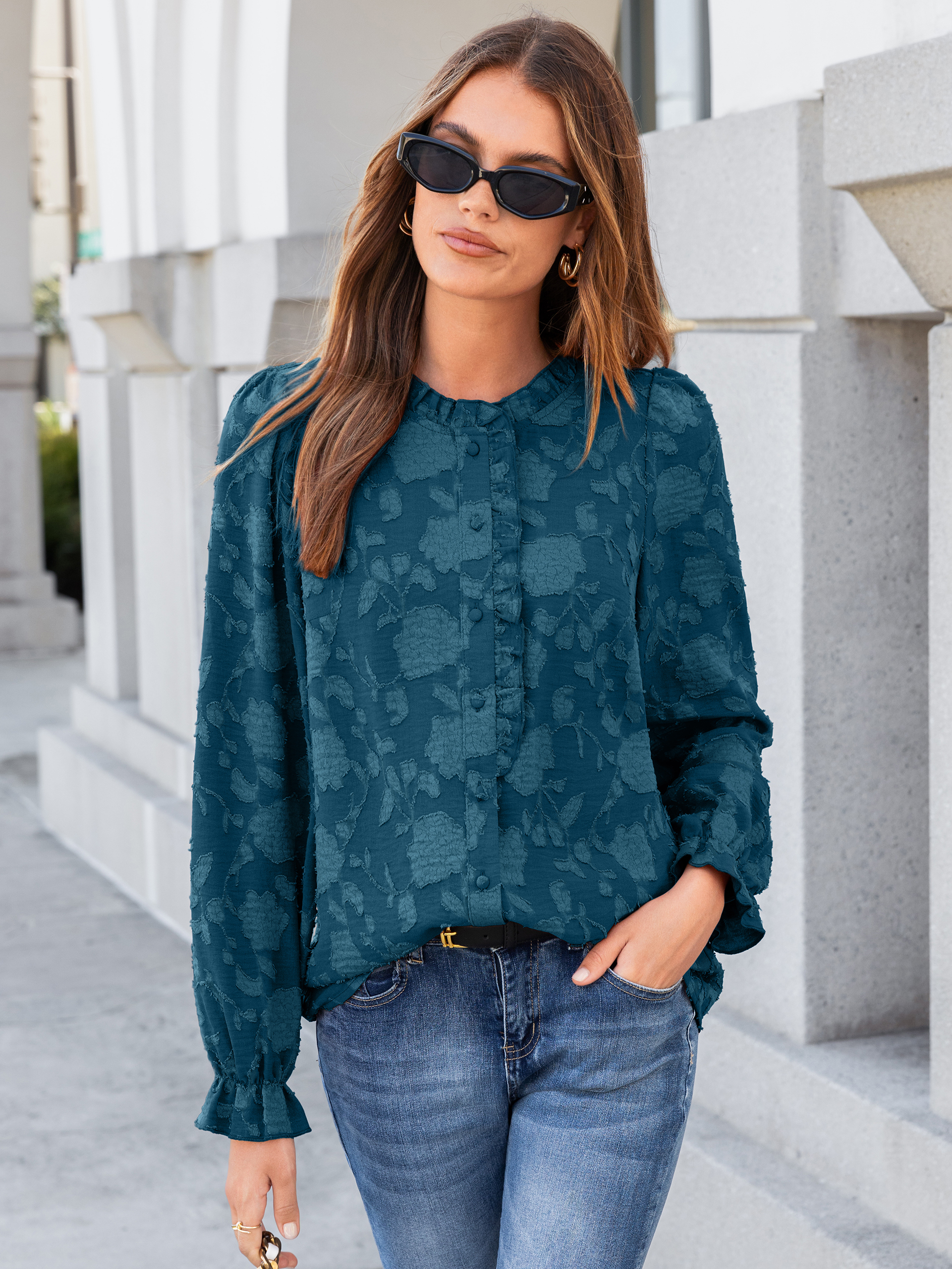 Frilled Ruffle Trim Burnout Floral Long Sleeve Blouse