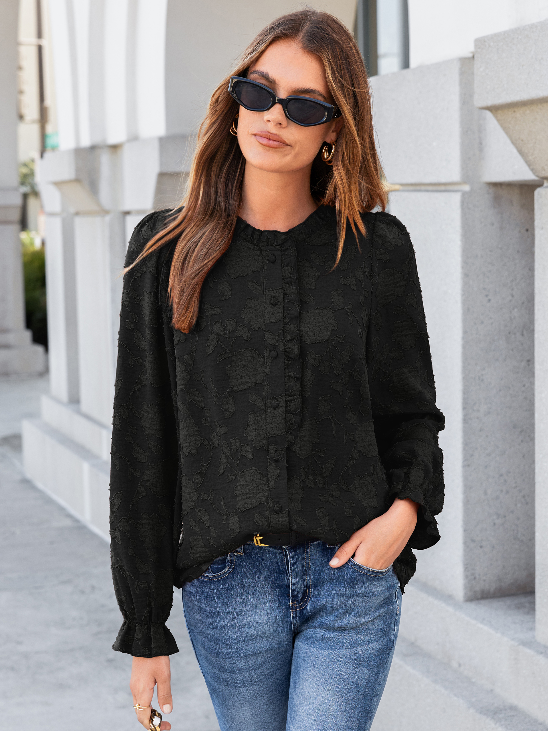 Frilled Ruffle Trim Burnout Floral Long Sleeve Blouse