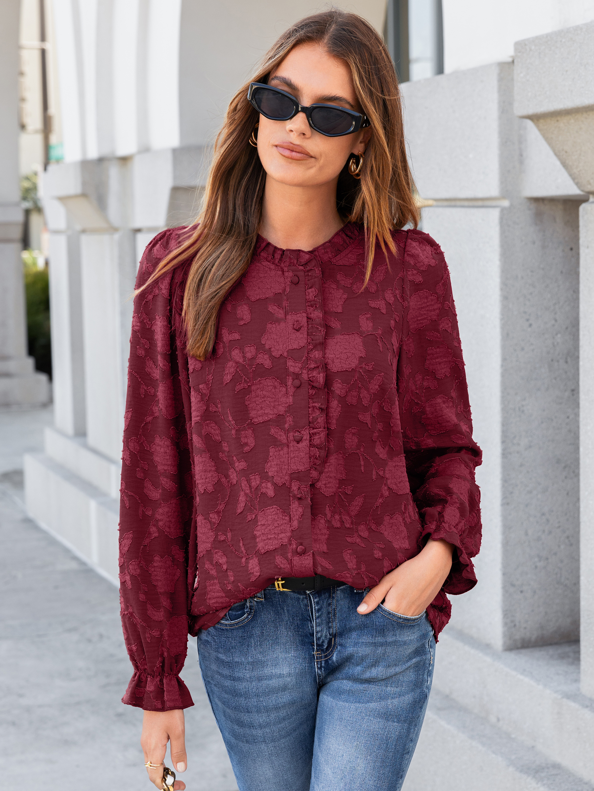 Frilled Ruffle Trim Burnout Floral Long Sleeve Blouse