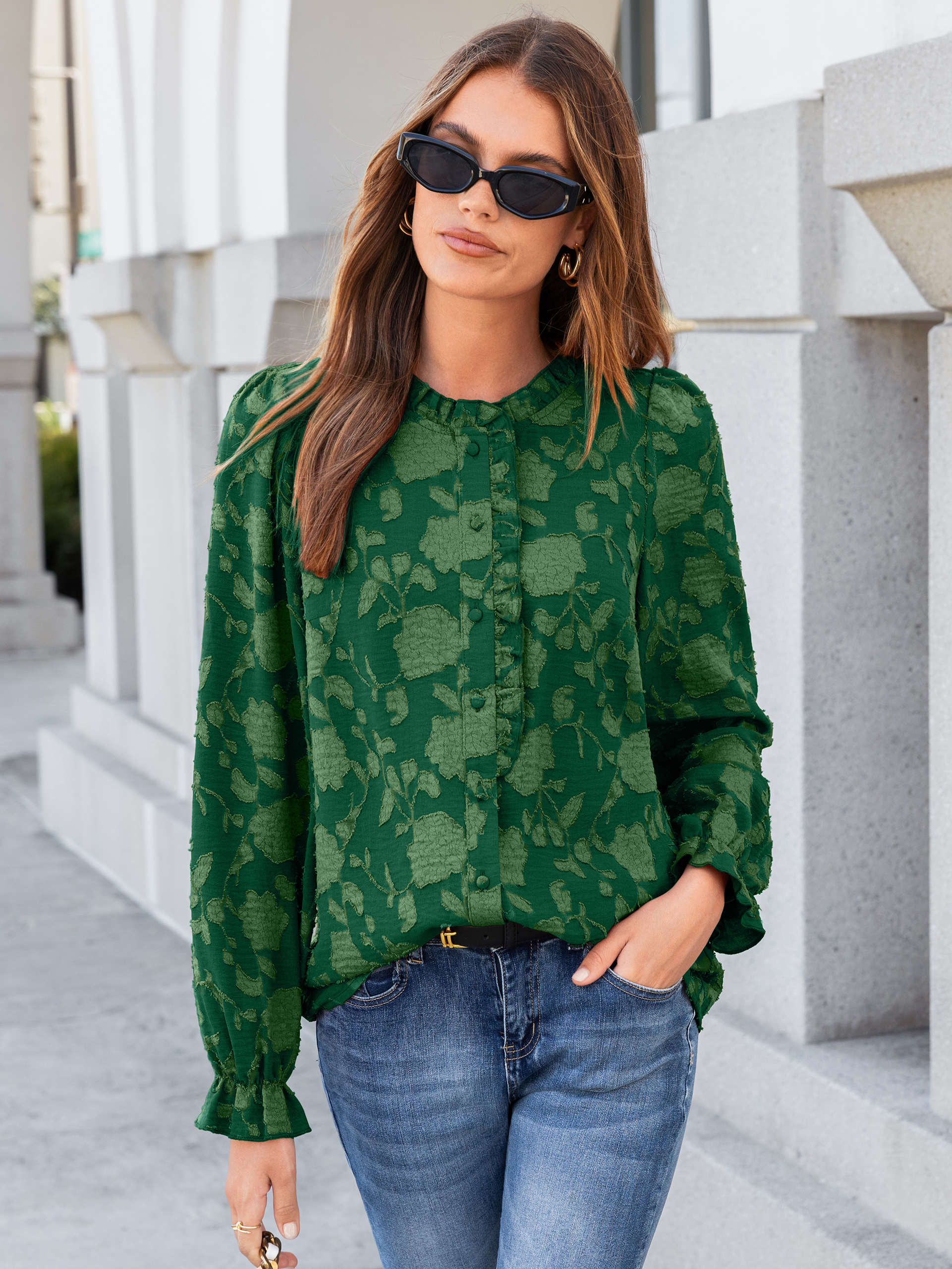Frilled Ruffle Trim Burnout Floral Long Sleeve Blouse