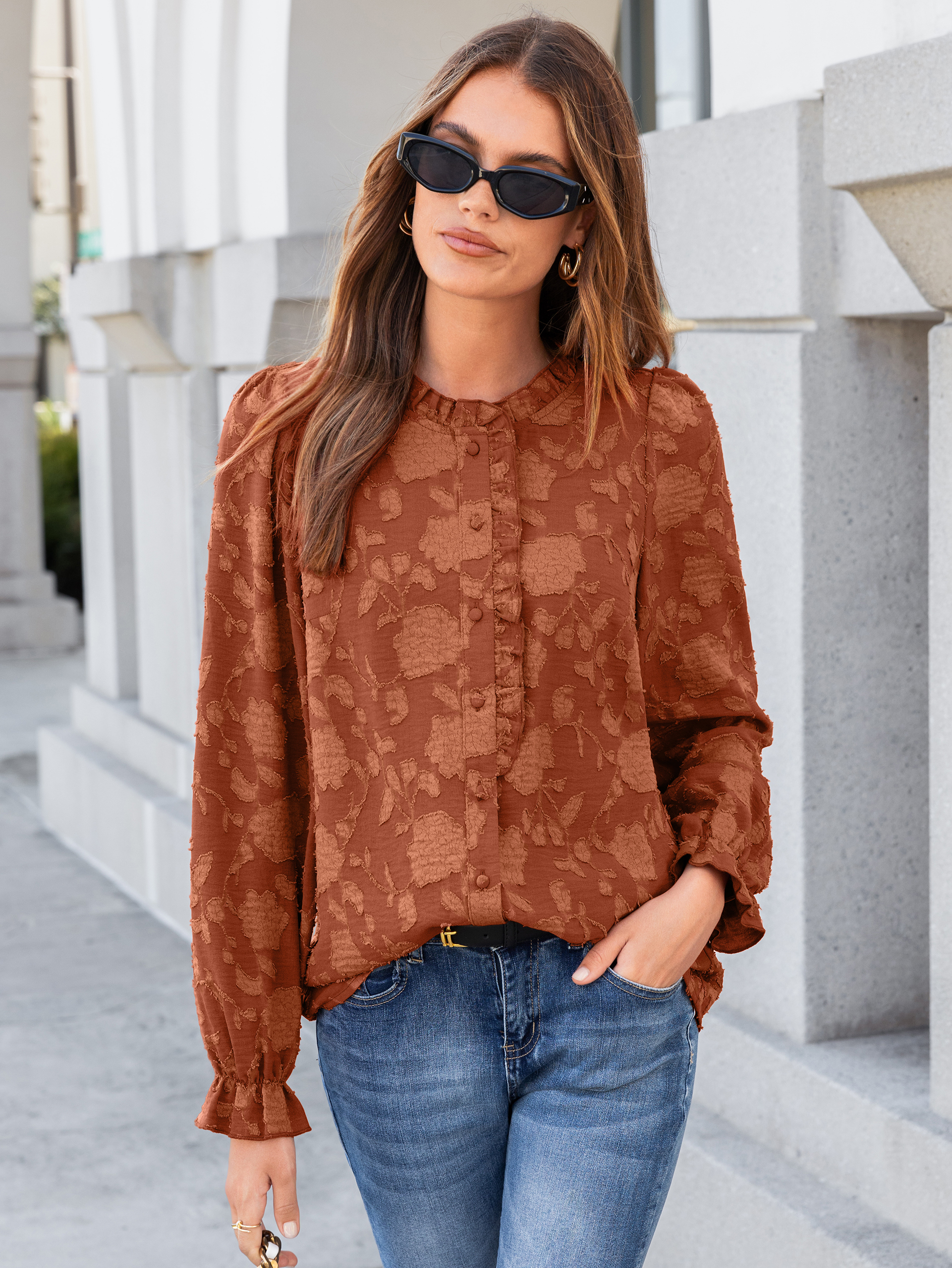 Frilled Ruffle Trim Burnout Floral Long Sleeve Blouse