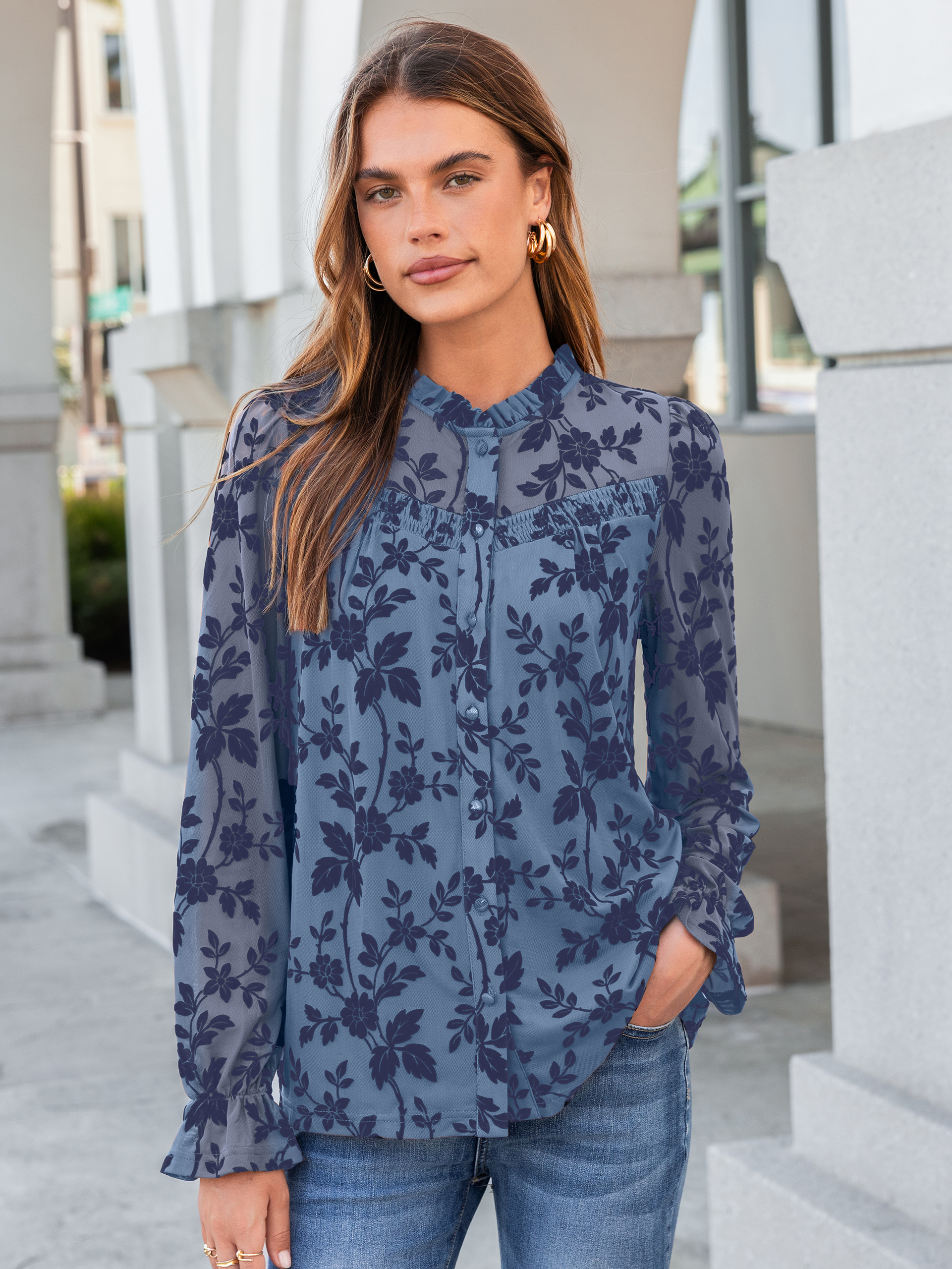 Flocked Floral Ruffled Mesh Long Sleeve Blouse - Grey Blue
